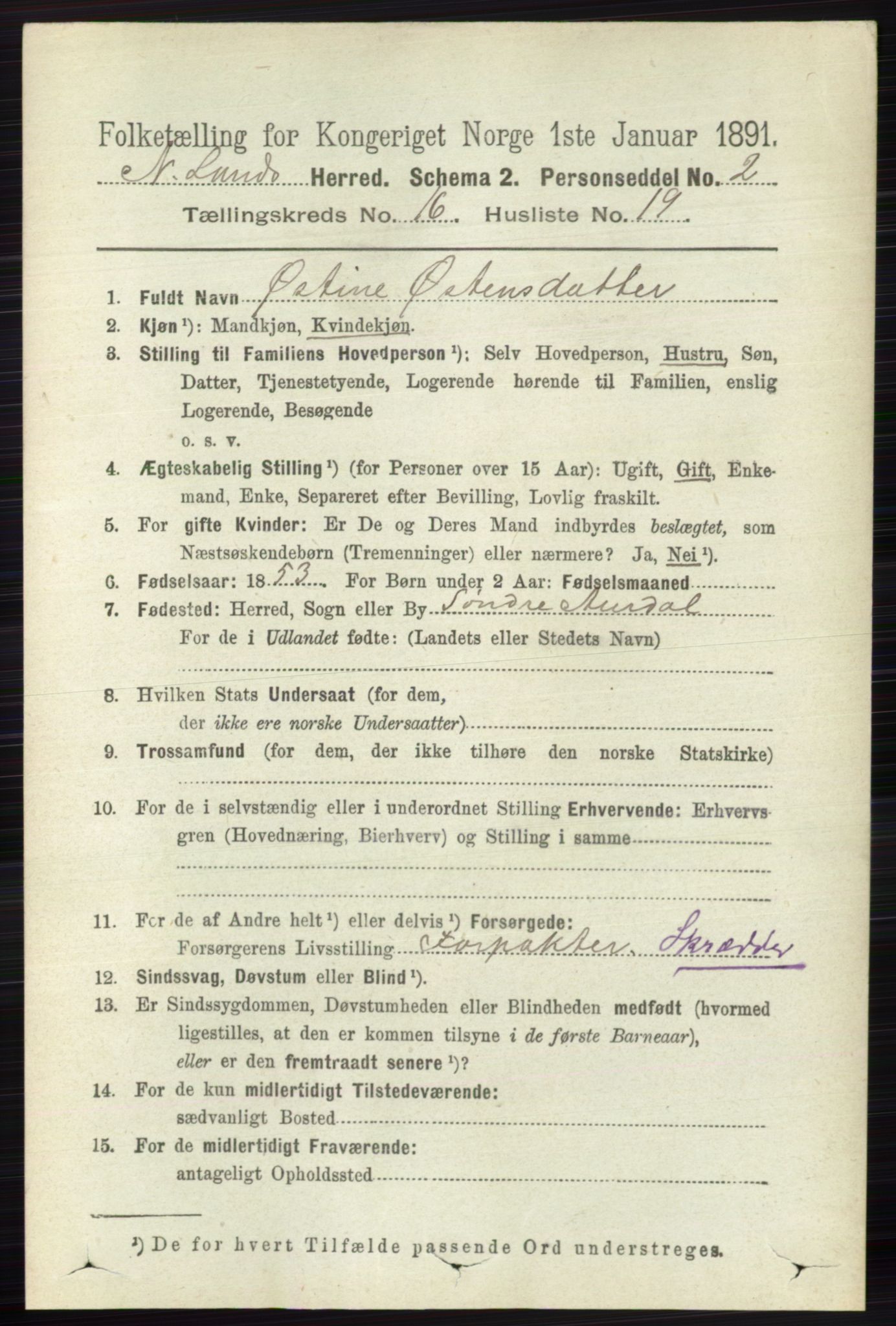 RA, 1891 census for 0538 Nordre Land, 1891, p. 4237