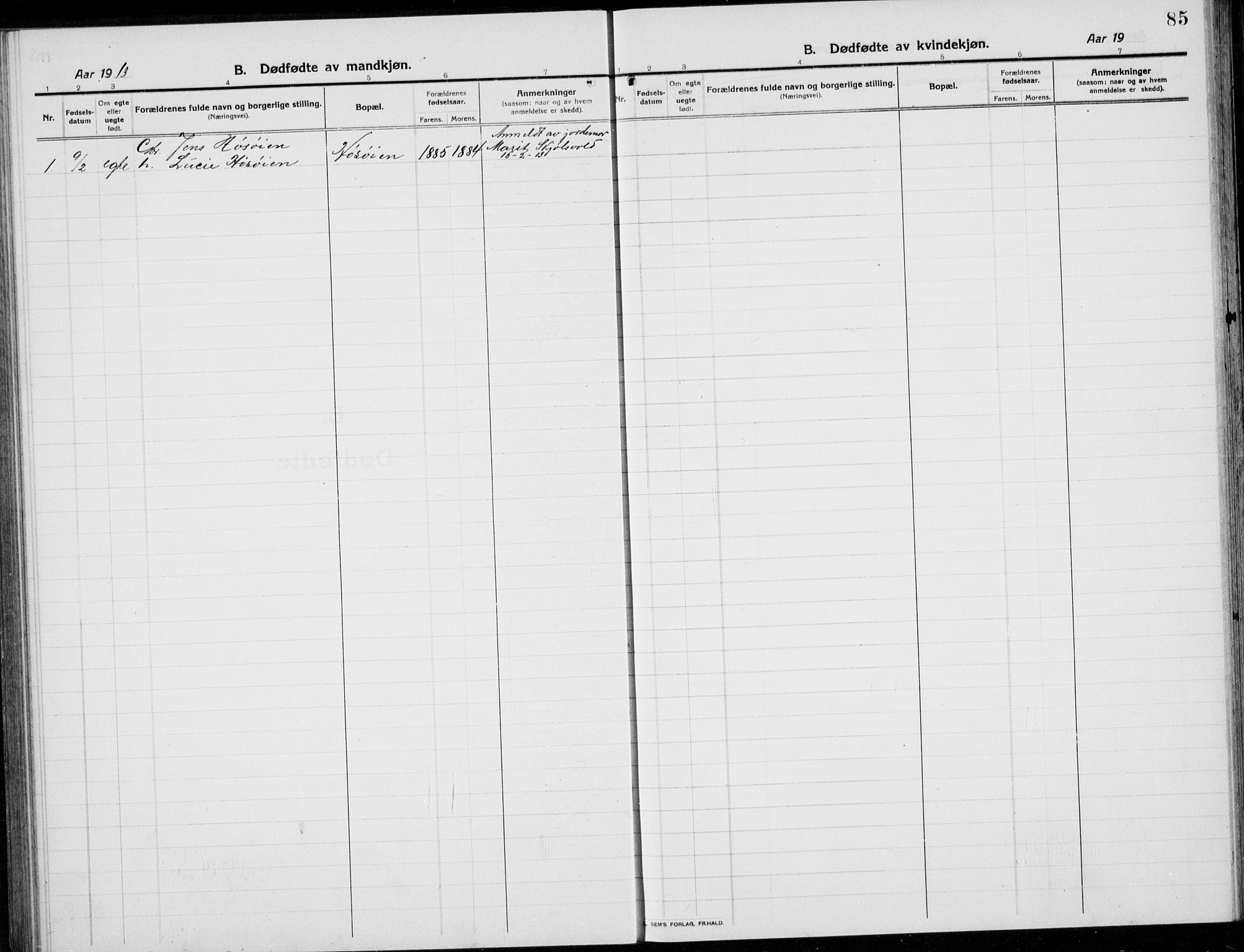 Tolga prestekontor, SAH/PREST-062/L/L0014: Parish register (copy) no. 14, 1913-1936, p. 85