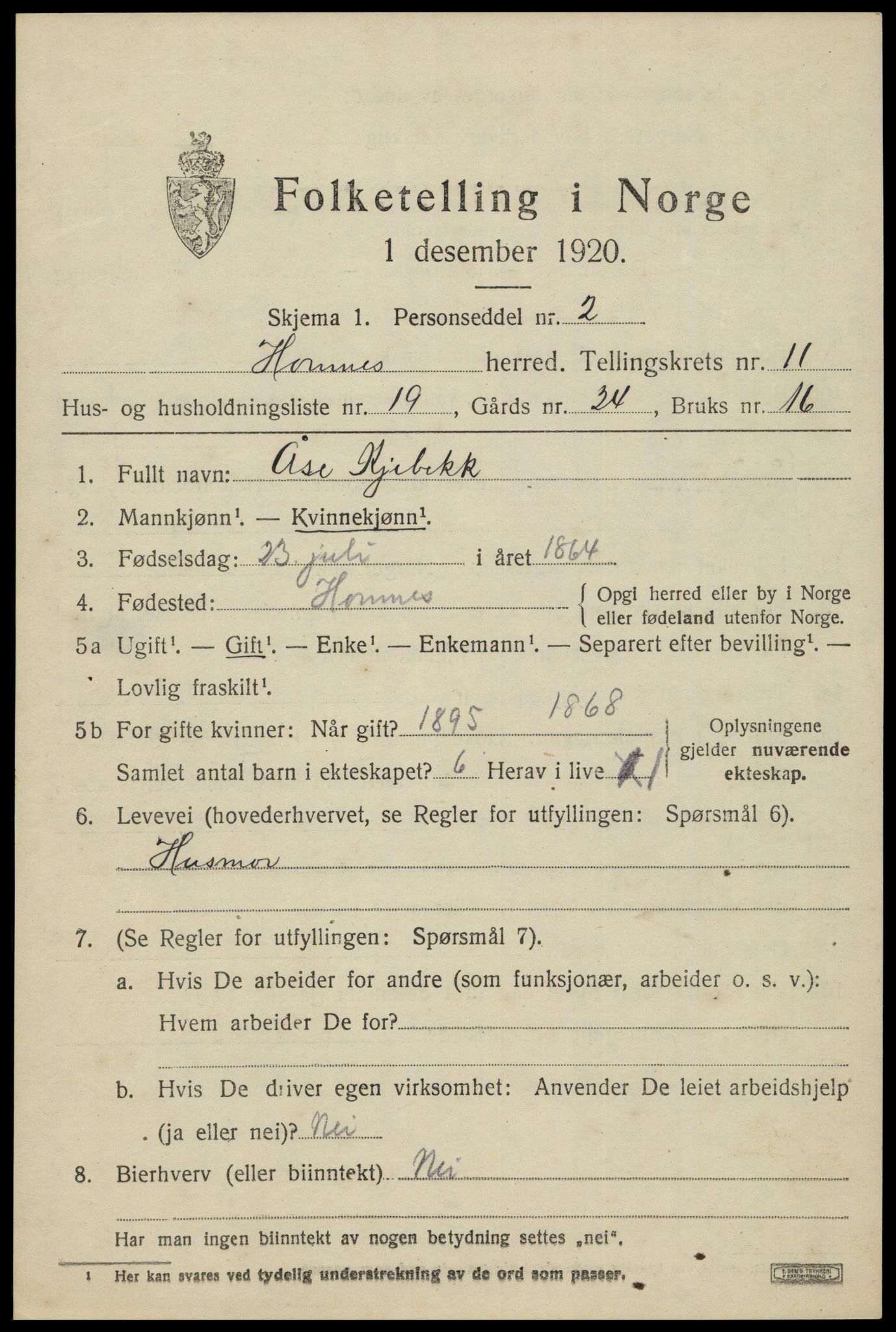 SAK, 1920 census for Hornnes, 1920, p. 2865