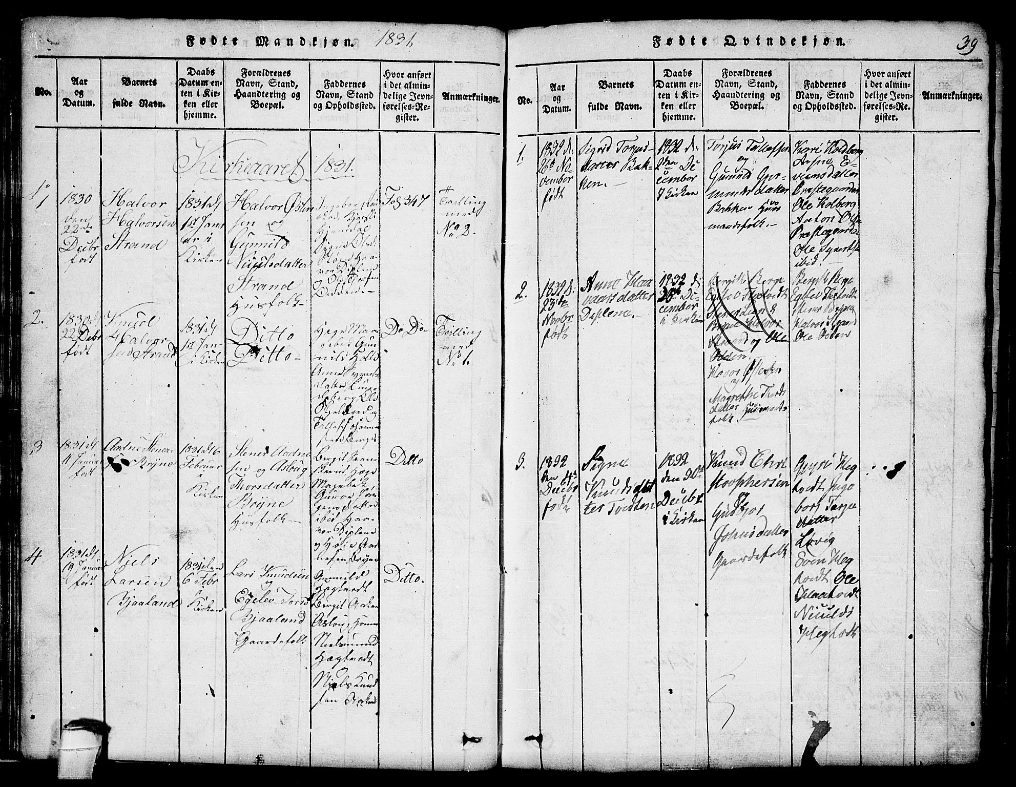 Lårdal kirkebøker, SAKO/A-284/G/Ga/L0001: Parish register (copy) no. I 1, 1815-1861, p. 39