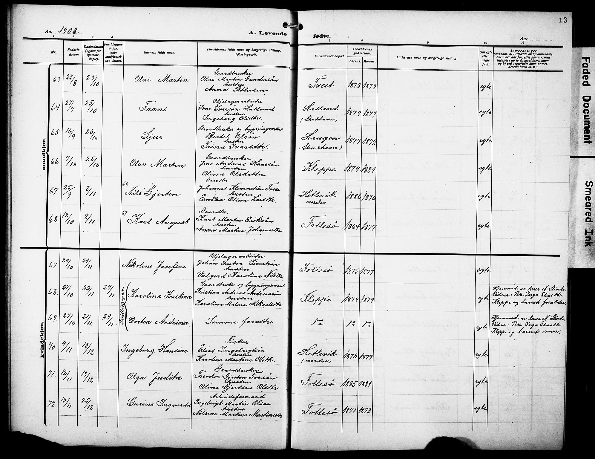 Askøy Sokneprestembete, AV/SAB-A-74101/H/Ha/Hab/Haba/L0011: Parish register (copy) no. A 11, 1908-1931, p. 13