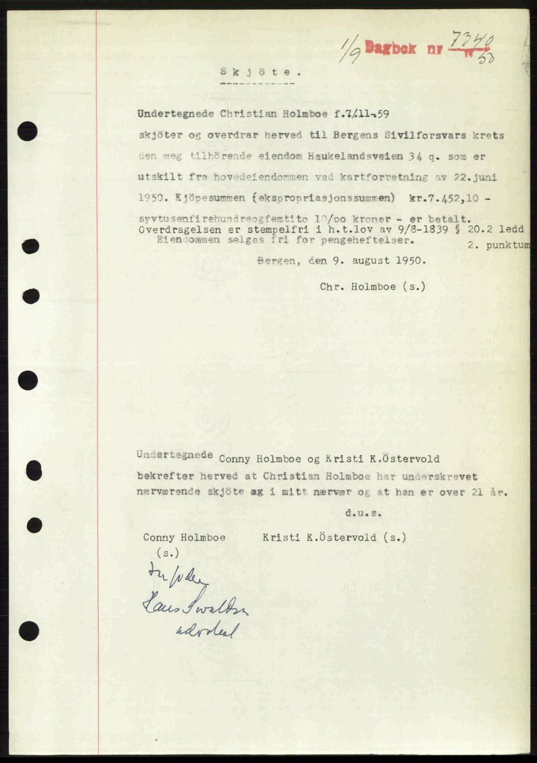 Byfogd og Byskriver i Bergen, AV/SAB-A-3401/03/03Bc/L0033: Mortgage book no. A26-27, 1950-1950, Diary no: : 7340/1950