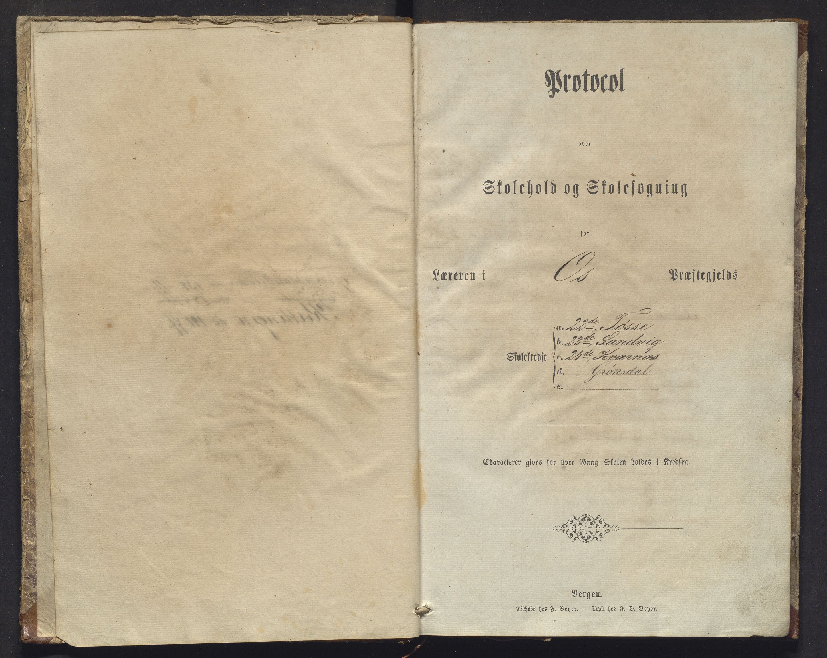 Samnanger kommune. Barneskulane, IKAH/1242-231/F/Fa/L0001: Skuleprotokoll for læraren i Os prestegjeld, Samnanger sokn for 22,23 og 24 skulekrins, 1872-1881