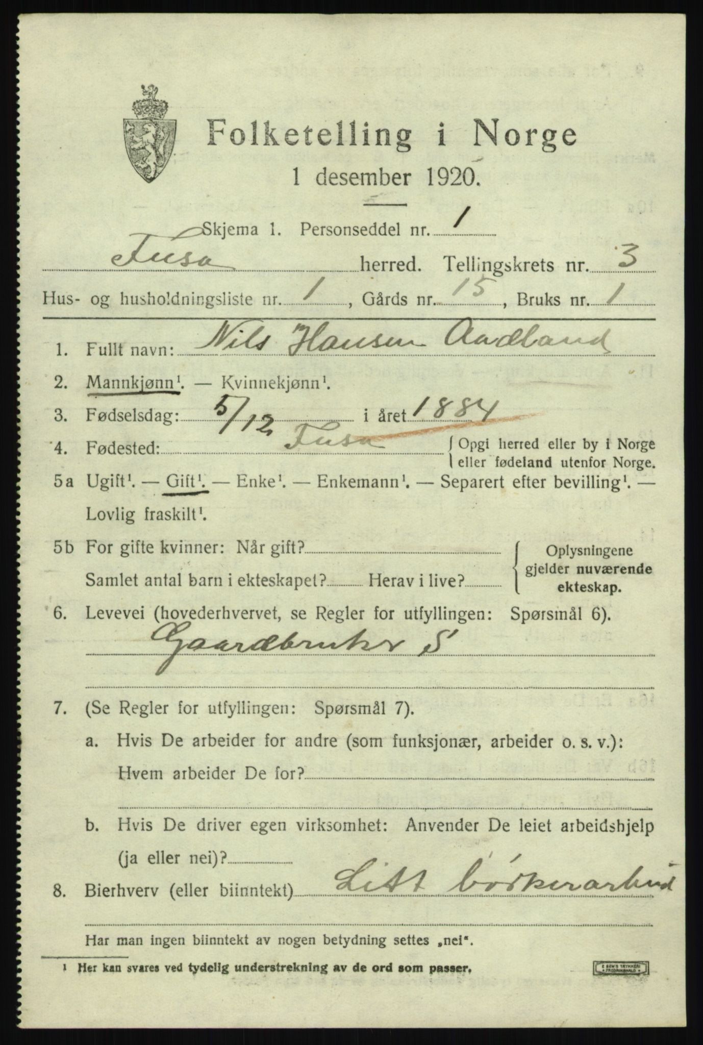 SAB, 1920 census for Fusa, 1920, p. 1301
