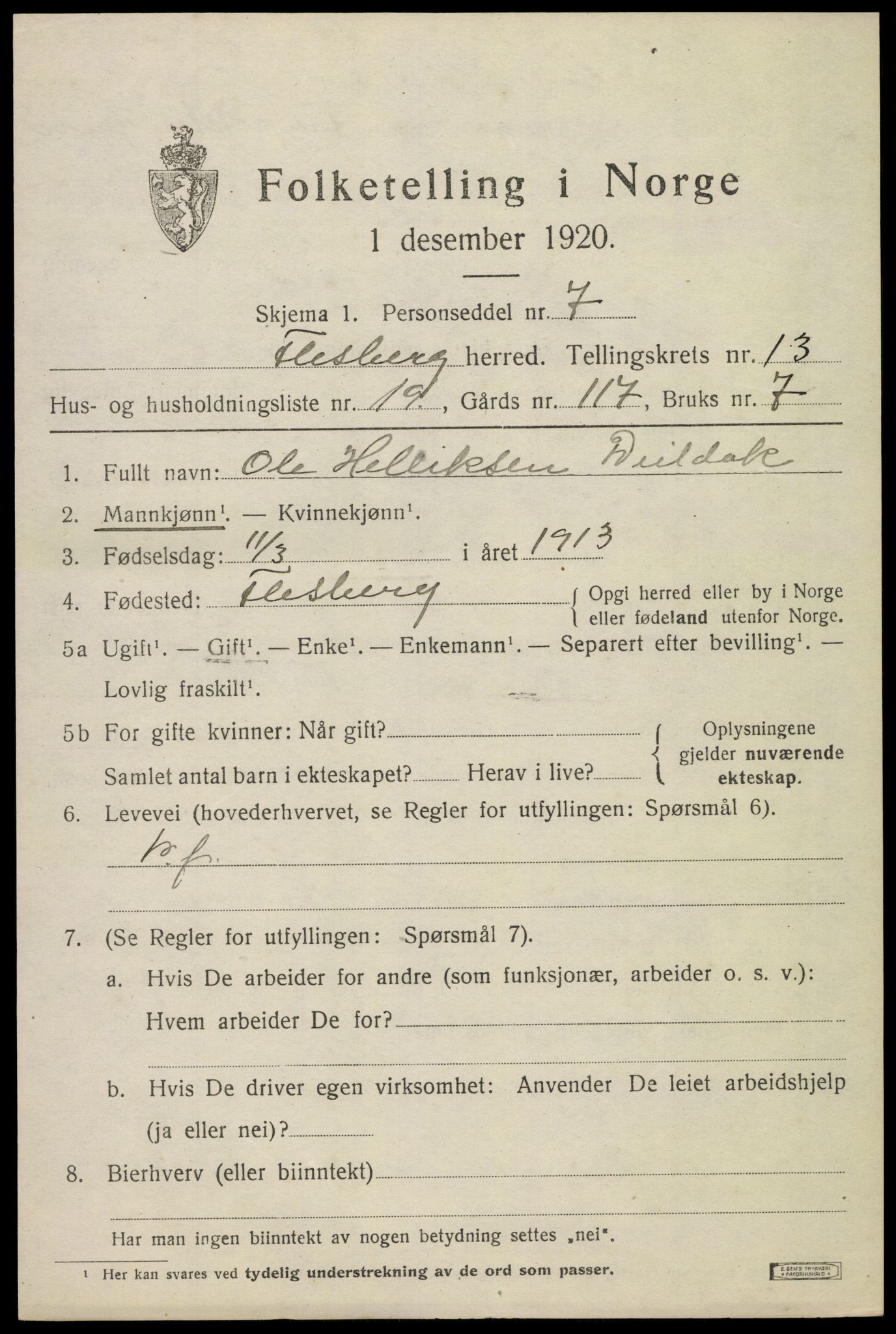 SAKO, 1920 census for Flesberg, 1920, p. 4181