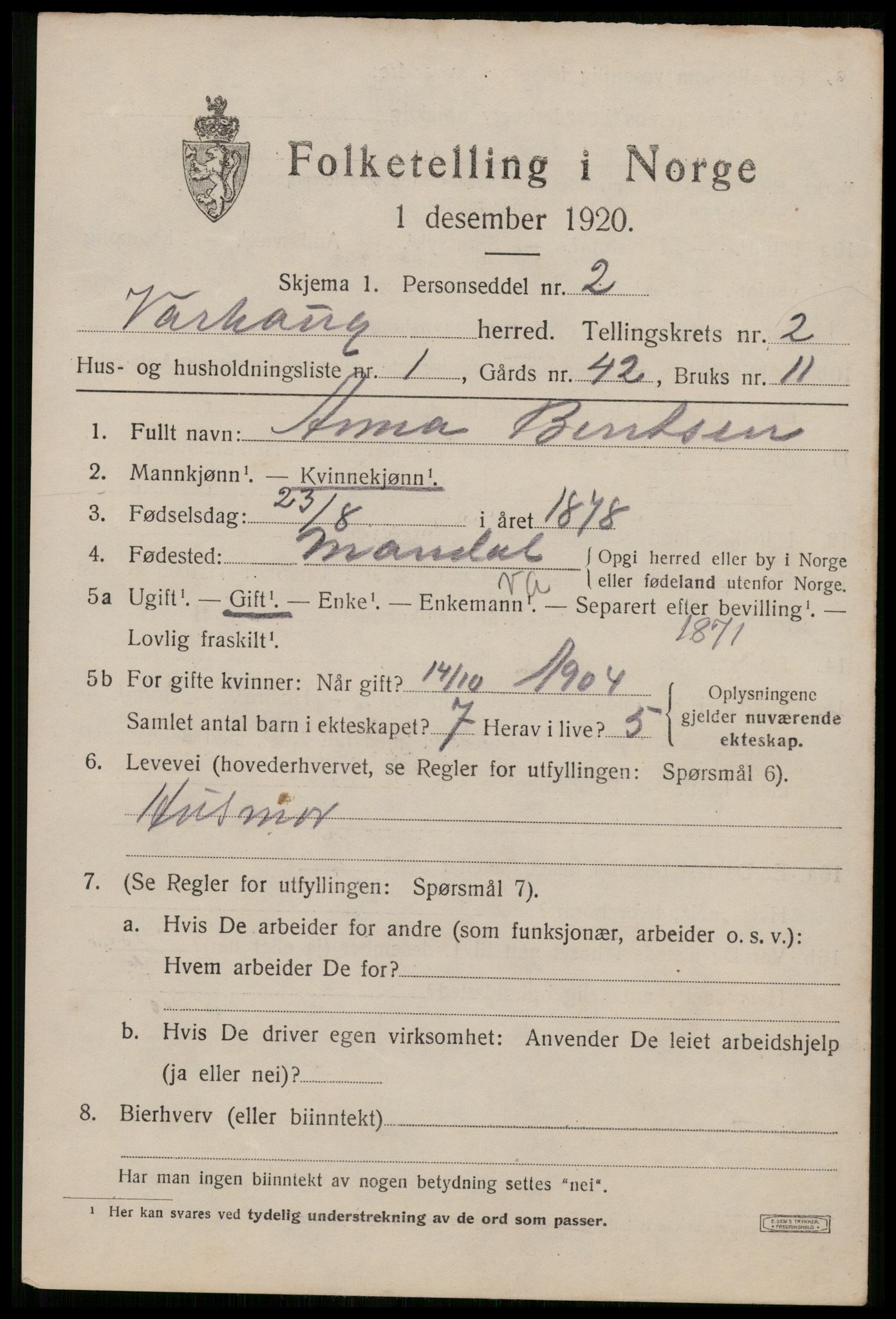 SAST, 1920 census for Varhaug, 1920, p. 1989