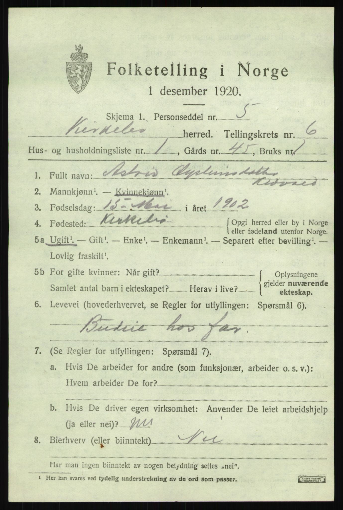 SAB, 1920 census for Kyrkjebø, 1920, p. 2925