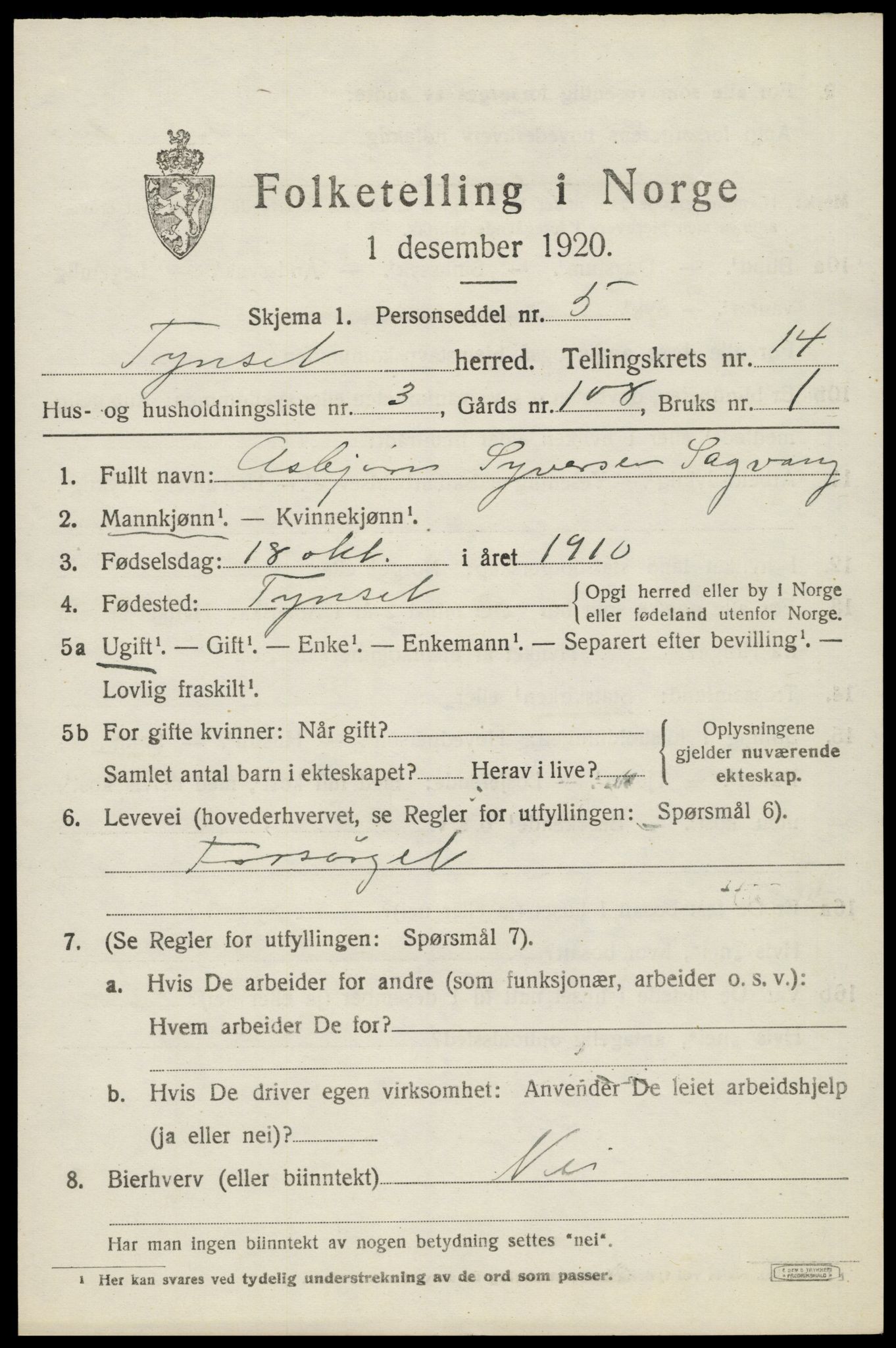 SAH, 1920 census for Tynset, 1920, p. 8956