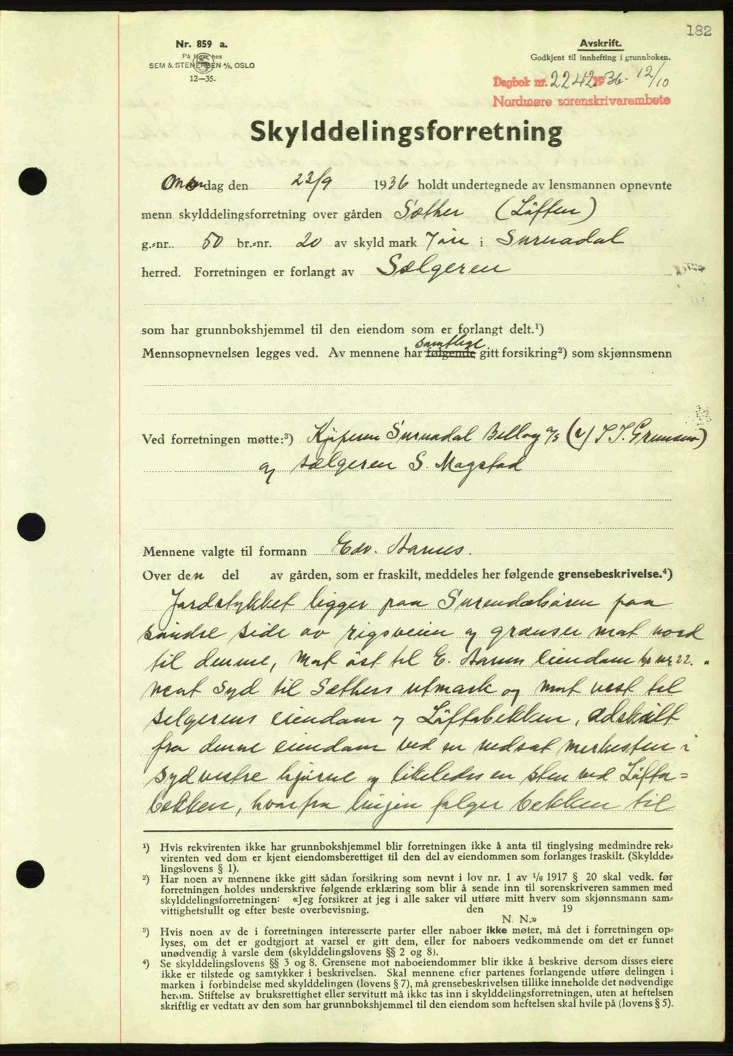 Nordmøre sorenskriveri, AV/SAT-A-4132/1/2/2Ca: Mortgage book no. A80, 1936-1937, Diary no: : 2242/1936