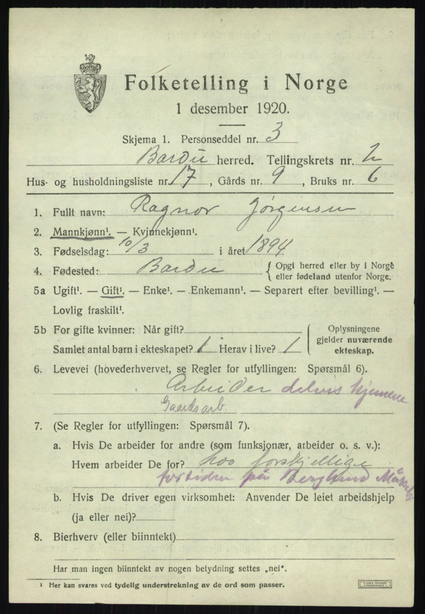 SATØ, 1920 census for Bardu, 1920, p. 1149