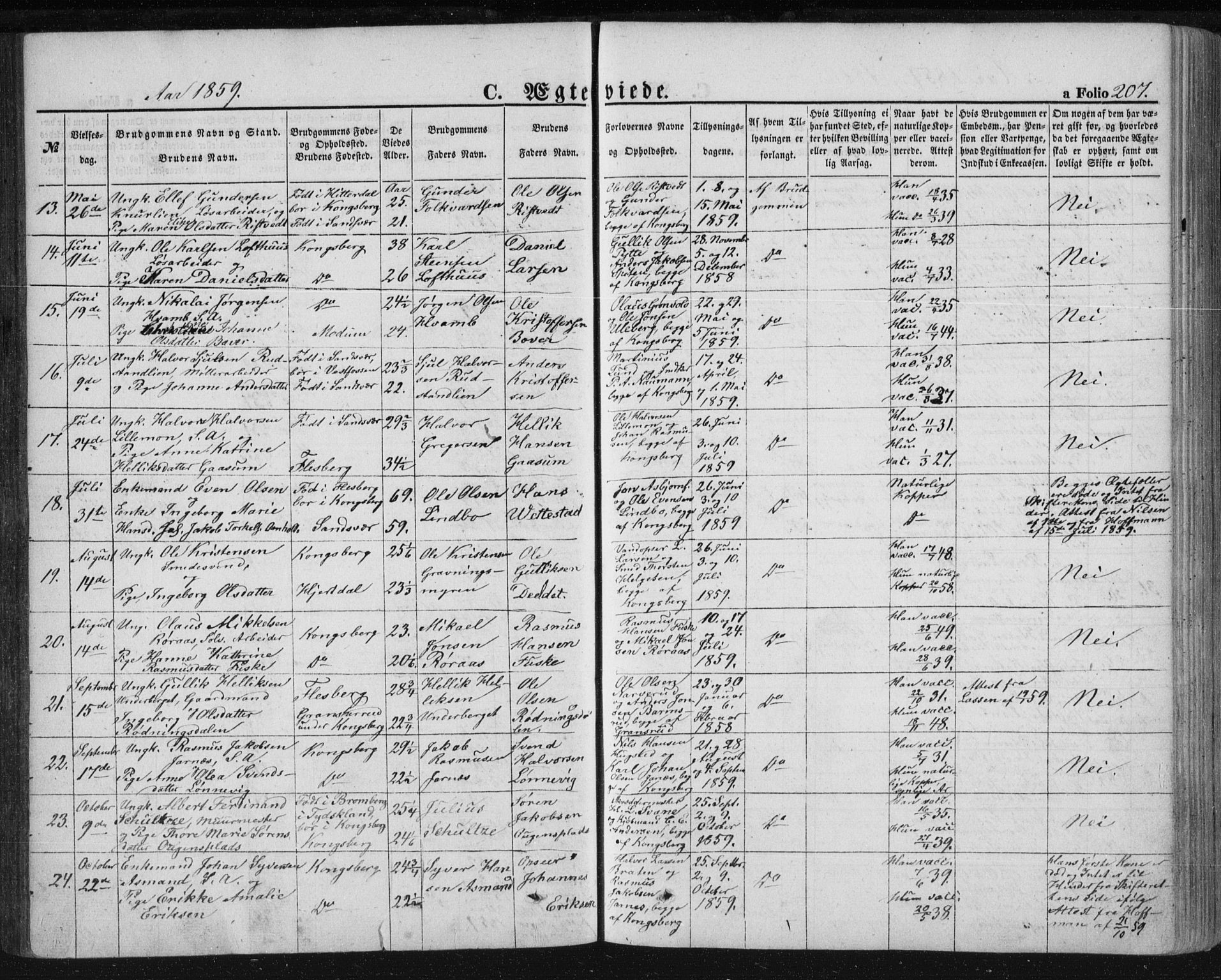 Kongsberg kirkebøker, SAKO/A-22/F/Fa/L0010: Parish register (official) no. I 10, 1859-1875, p. 207
