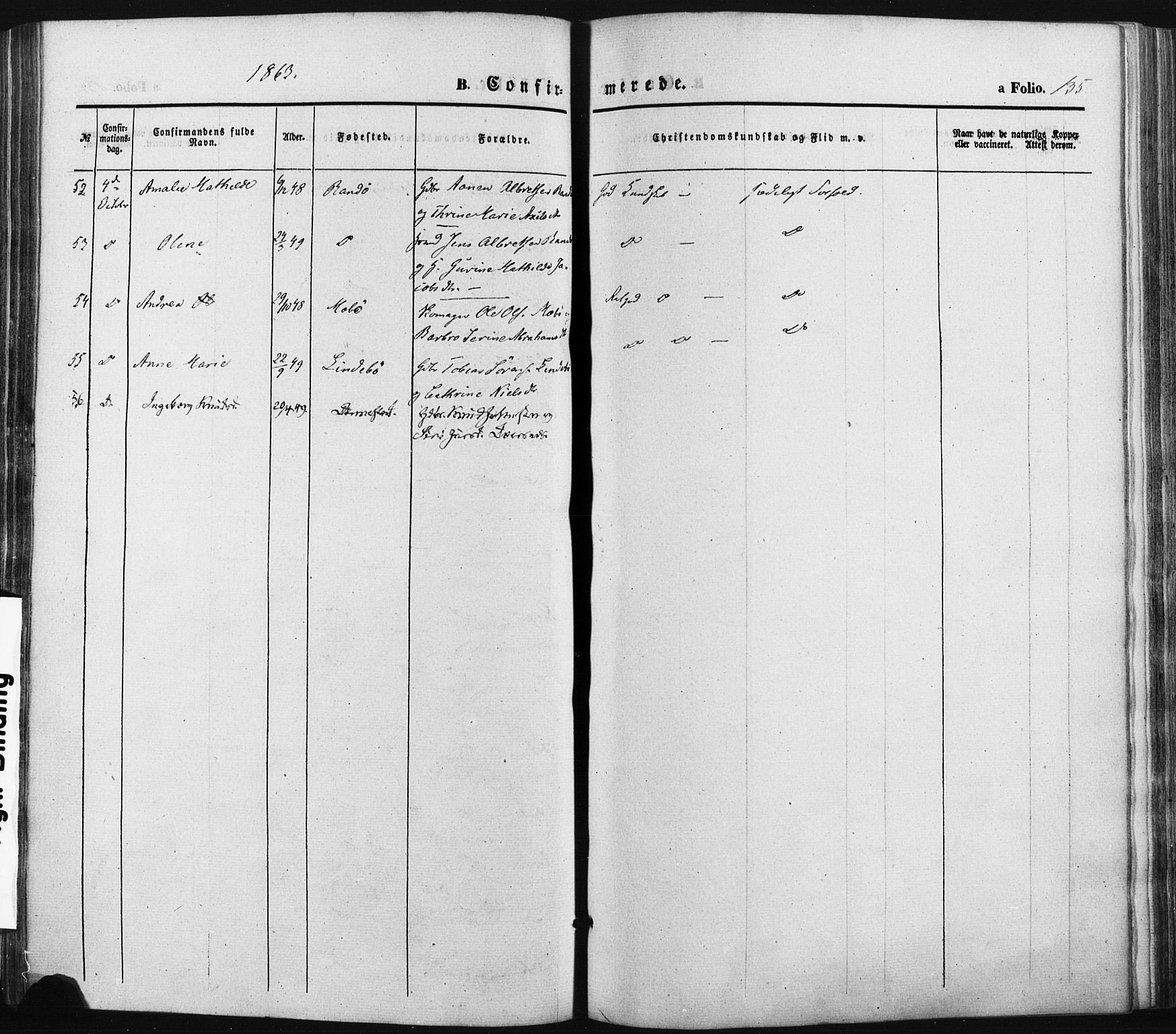 Oddernes sokneprestkontor, SAK/1111-0033/F/Fa/Faa/L0007: Parish register (official) no. A 7, 1851-1863, p. 135