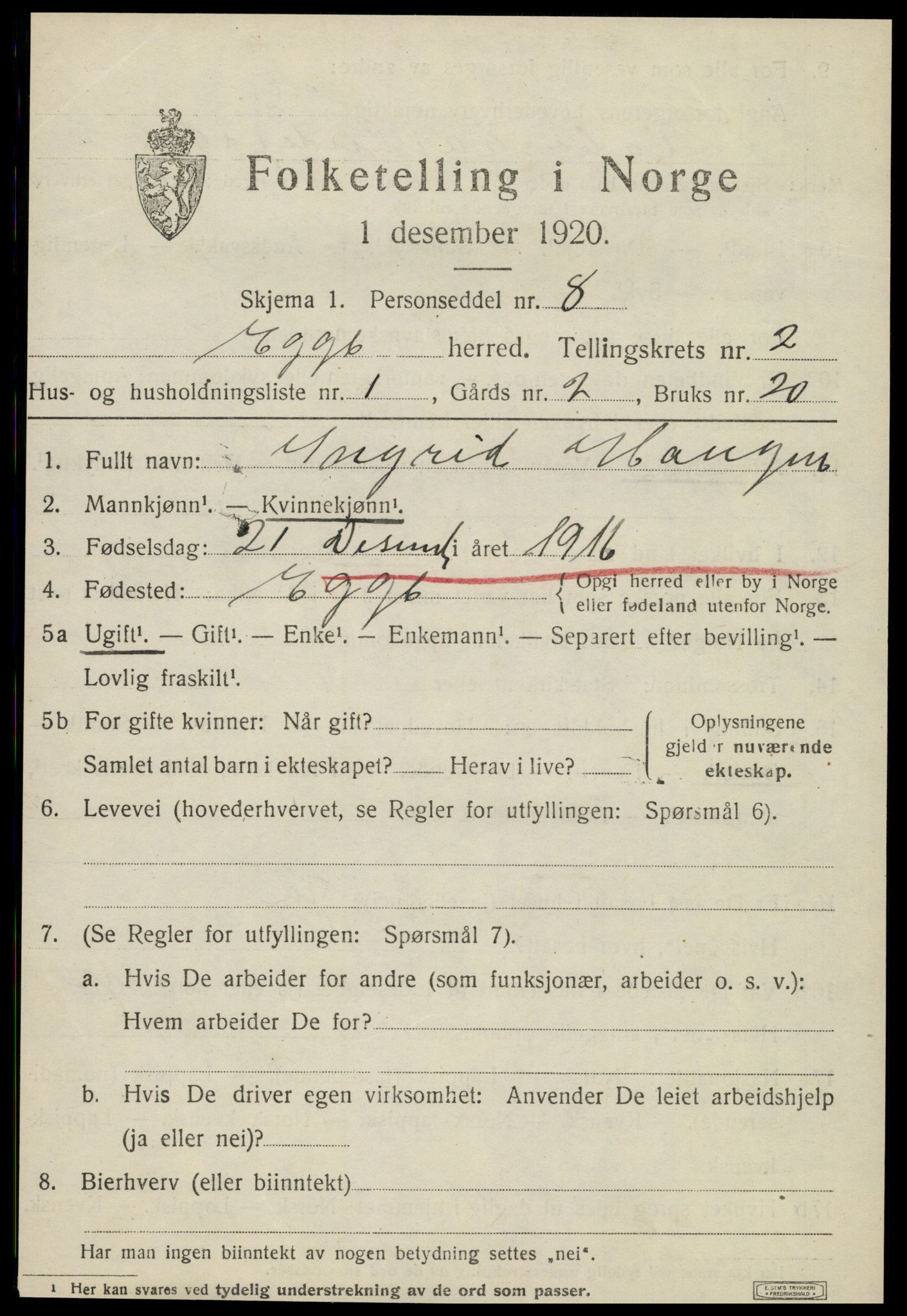 SAT, 1920 census for Egge, 1920, p. 1048