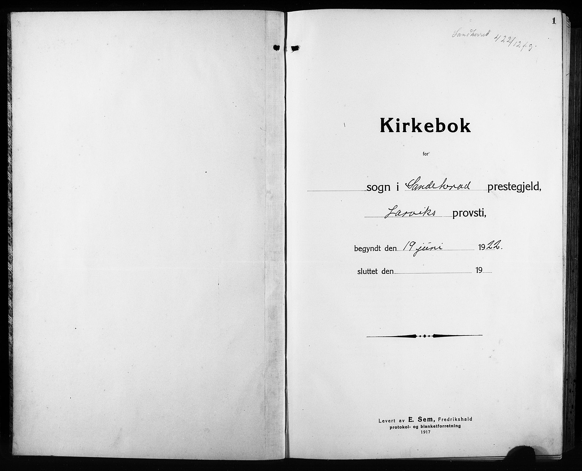 Sandar kirkebøker, SAKO/A-243/G/Ga/L0004: Parish register (copy) no. 4, 1922-1932, p. 1