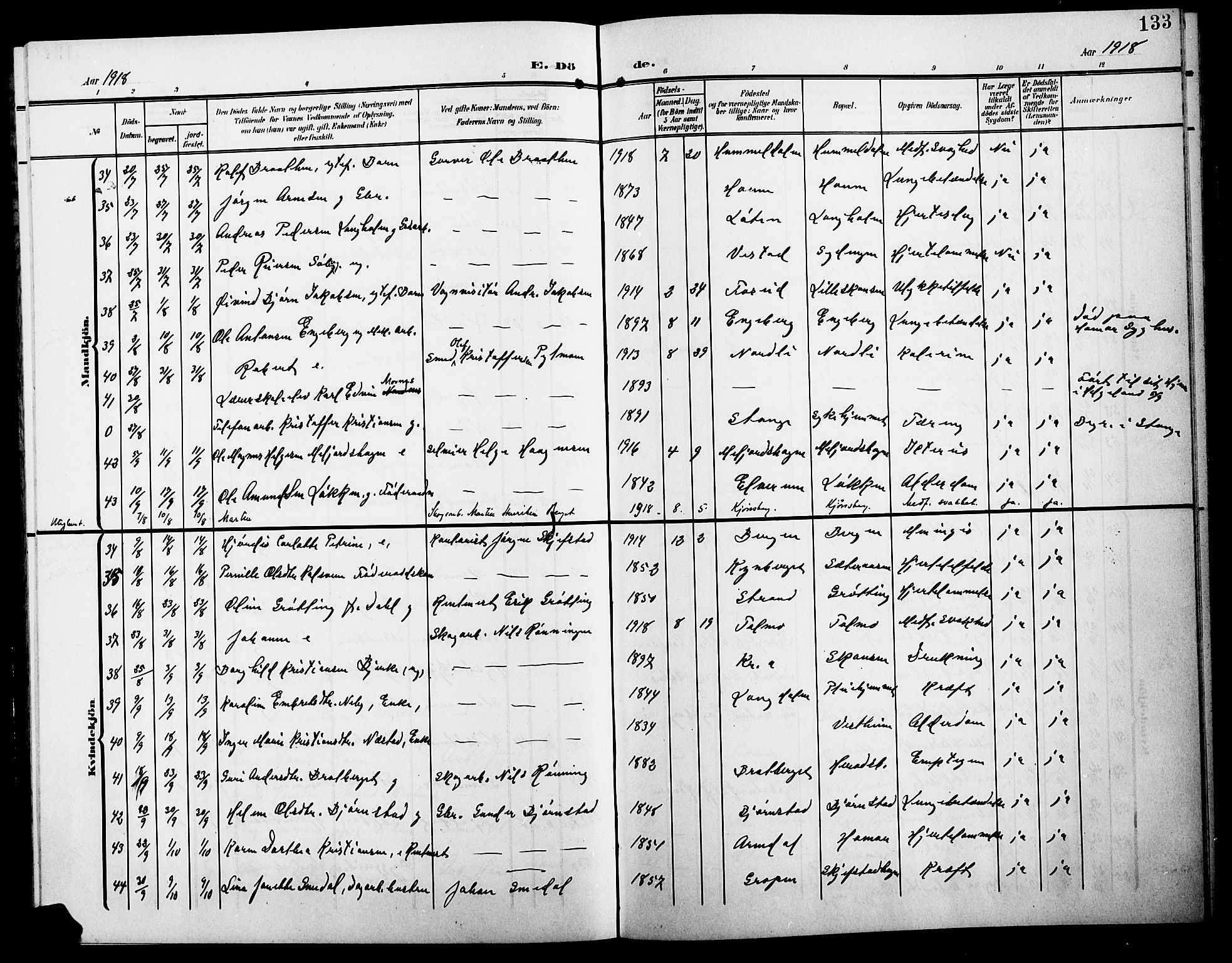 Elverum prestekontor, AV/SAH-PREST-044/H/Ha/Hab/L0009: Parish register (copy) no. 9, 1908-1921, p. 133