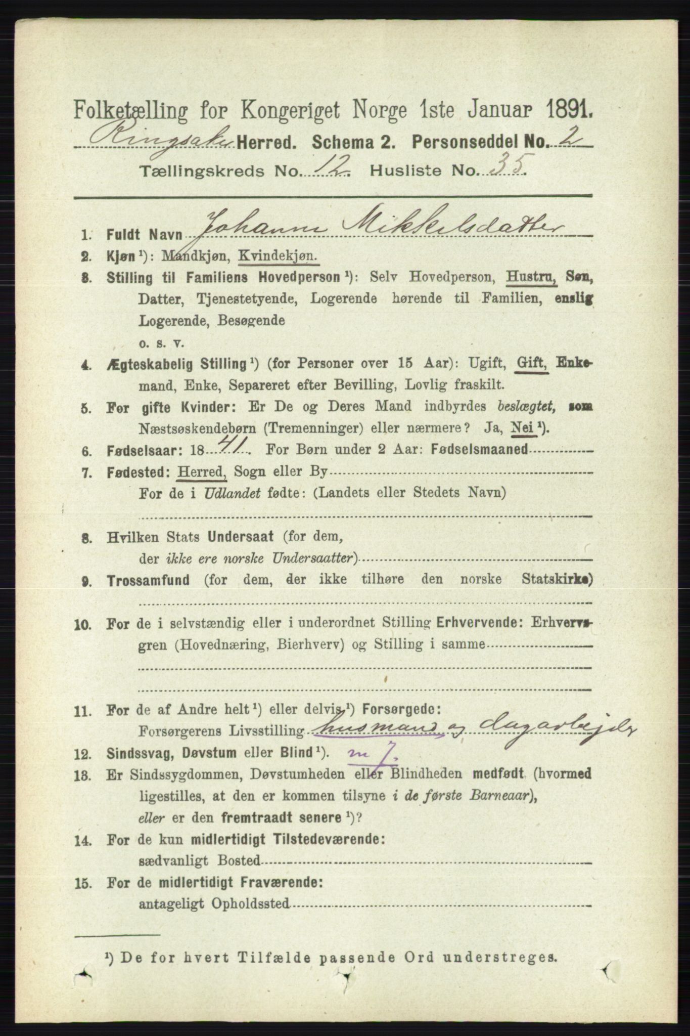 RA, 1891 census for 0412 Ringsaker, 1891, p. 6944