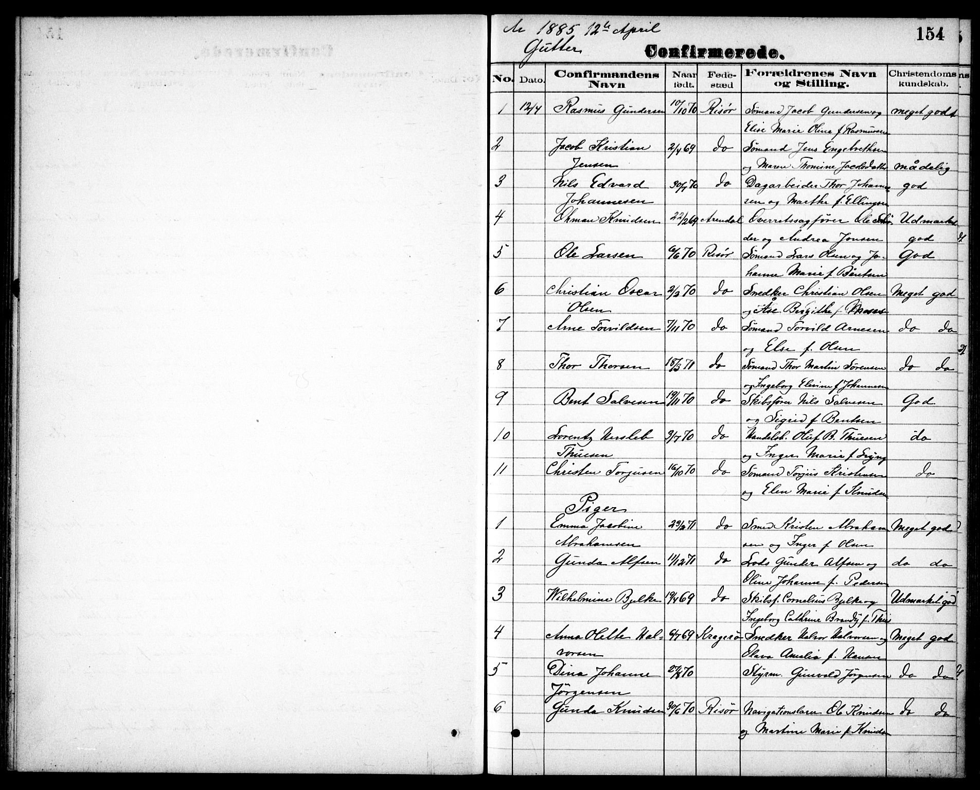 Risør sokneprestkontor, SAK/1111-0035/F/Fb/L0007: Parish register (copy) no. B 7, 1885-1908, p. 154