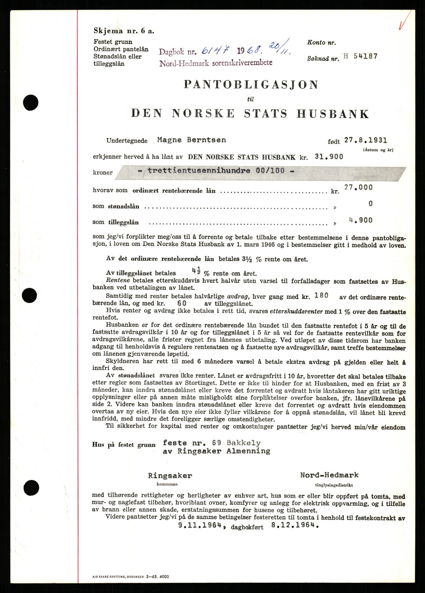 Nord-Hedmark sorenskriveri, SAH/TING-012/H/Hb/Hbf/L0077: Mortgage book no. B77, 1968-1969, Diary no: : 6147/1968