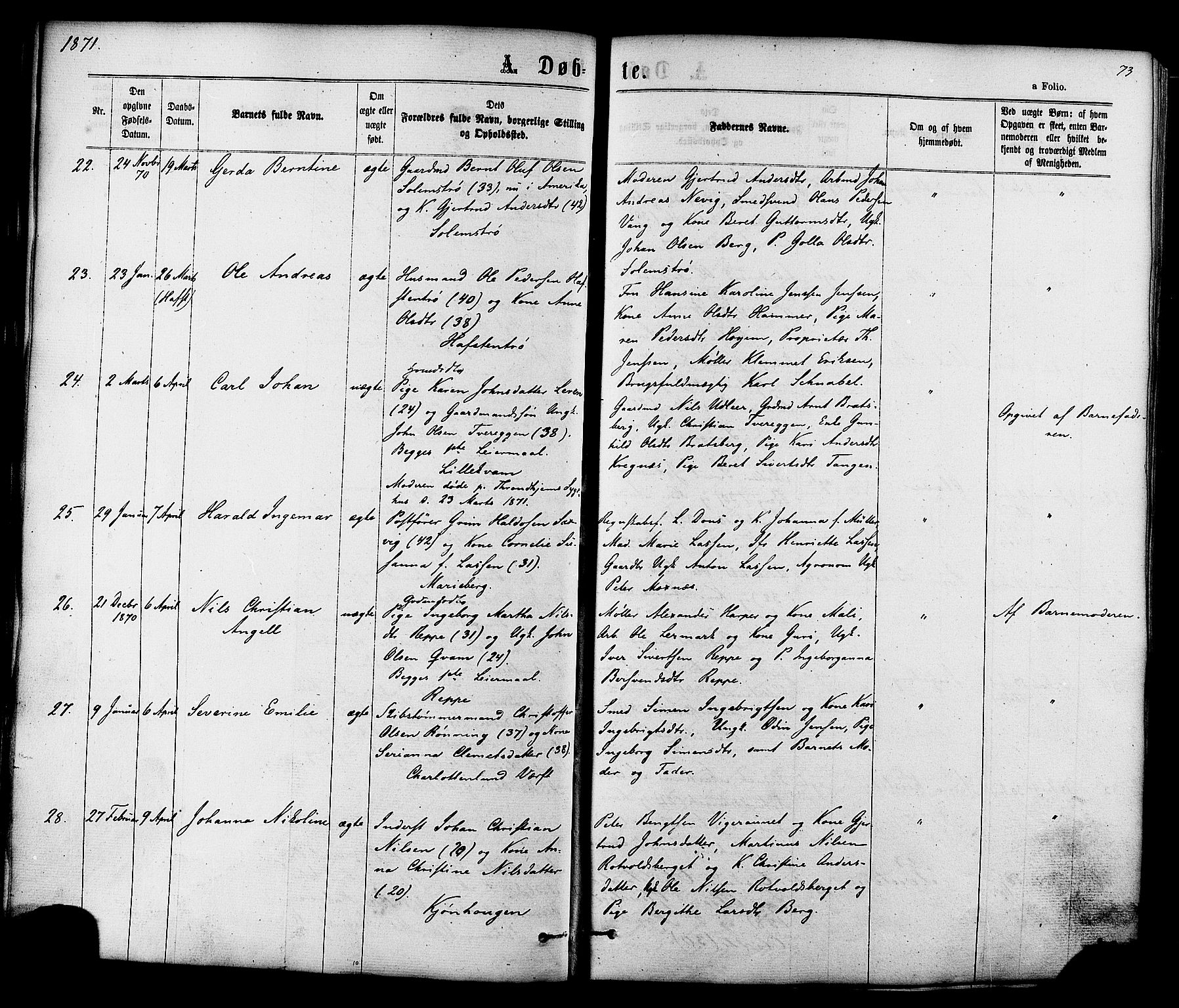 Ministerialprotokoller, klokkerbøker og fødselsregistre - Sør-Trøndelag, SAT/A-1456/606/L0293: Parish register (official) no. 606A08, 1866-1877, p. 73