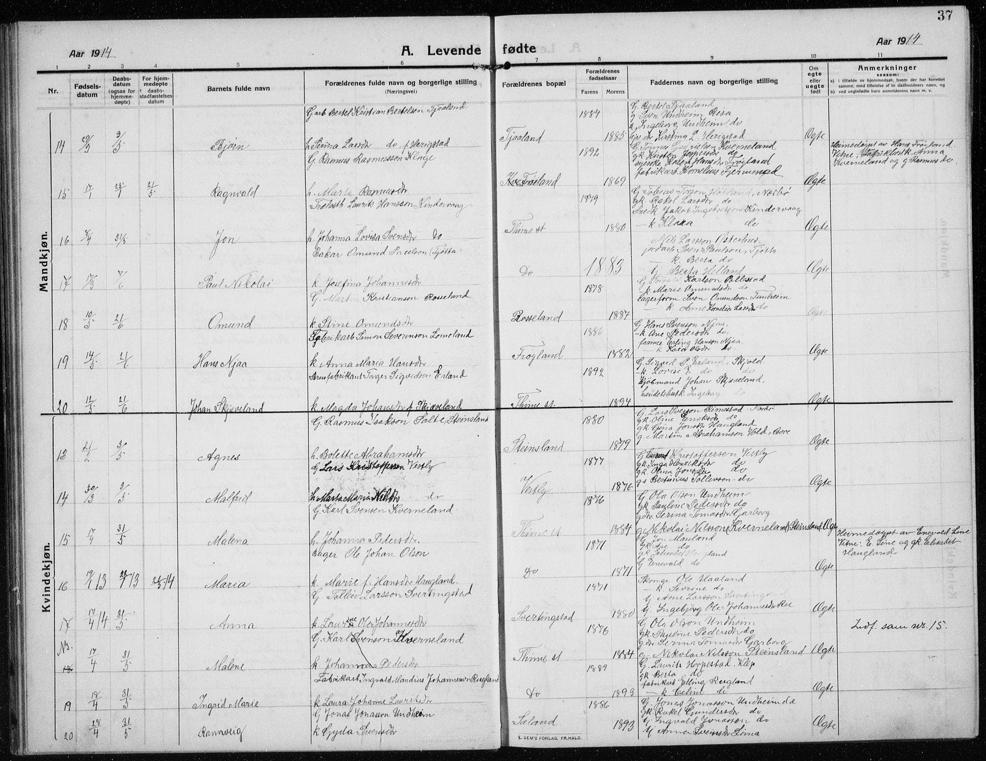 Time sokneprestkontor, AV/SAST-A-101795/001/30BB/L0001: Parish register (copy) no. B 1, 1910-1932, p. 37