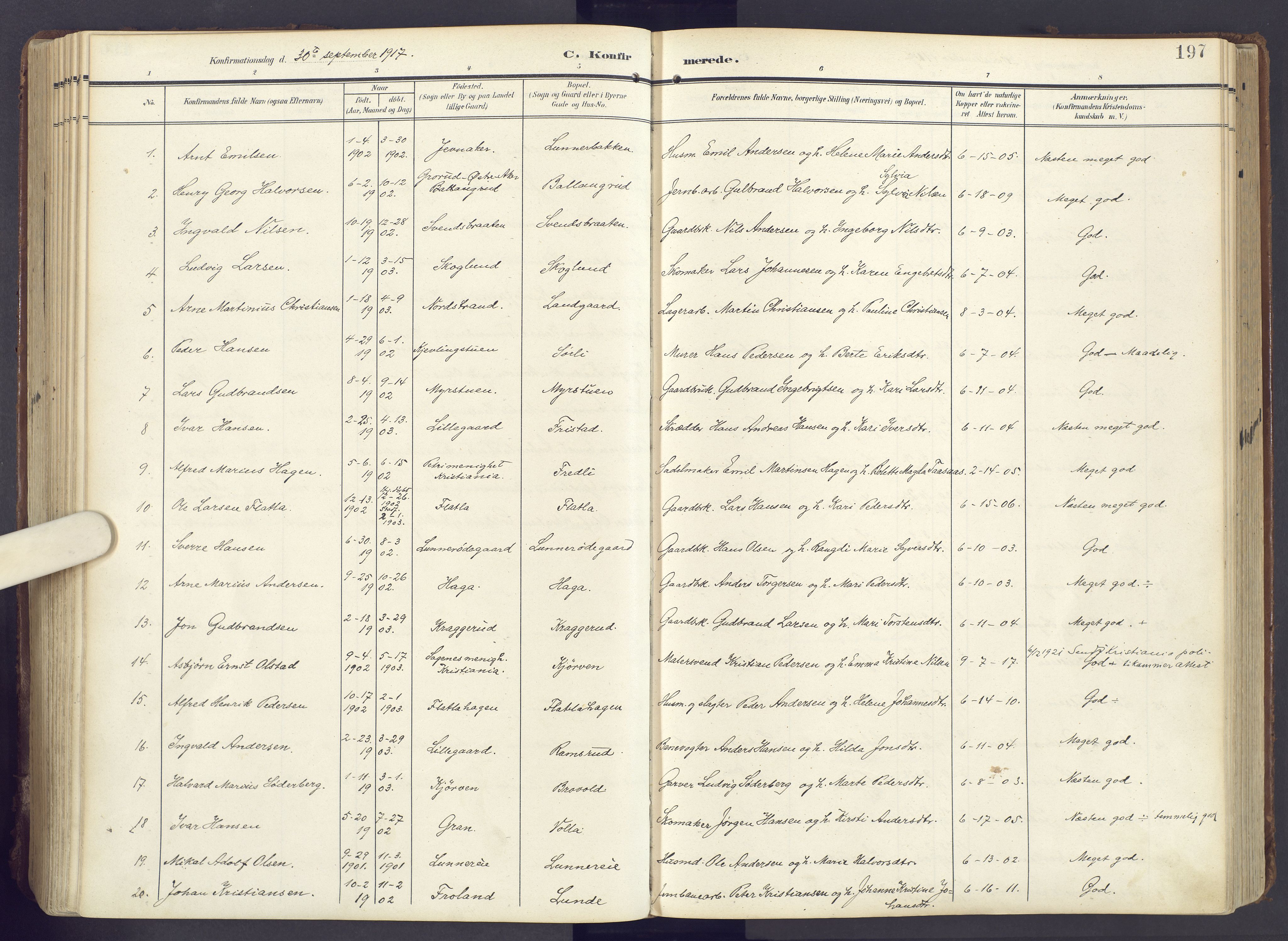 Lunner prestekontor, SAH/PREST-118/H/Ha/Haa/L0001: Parish register (official) no. 1, 1907-1922, p. 197