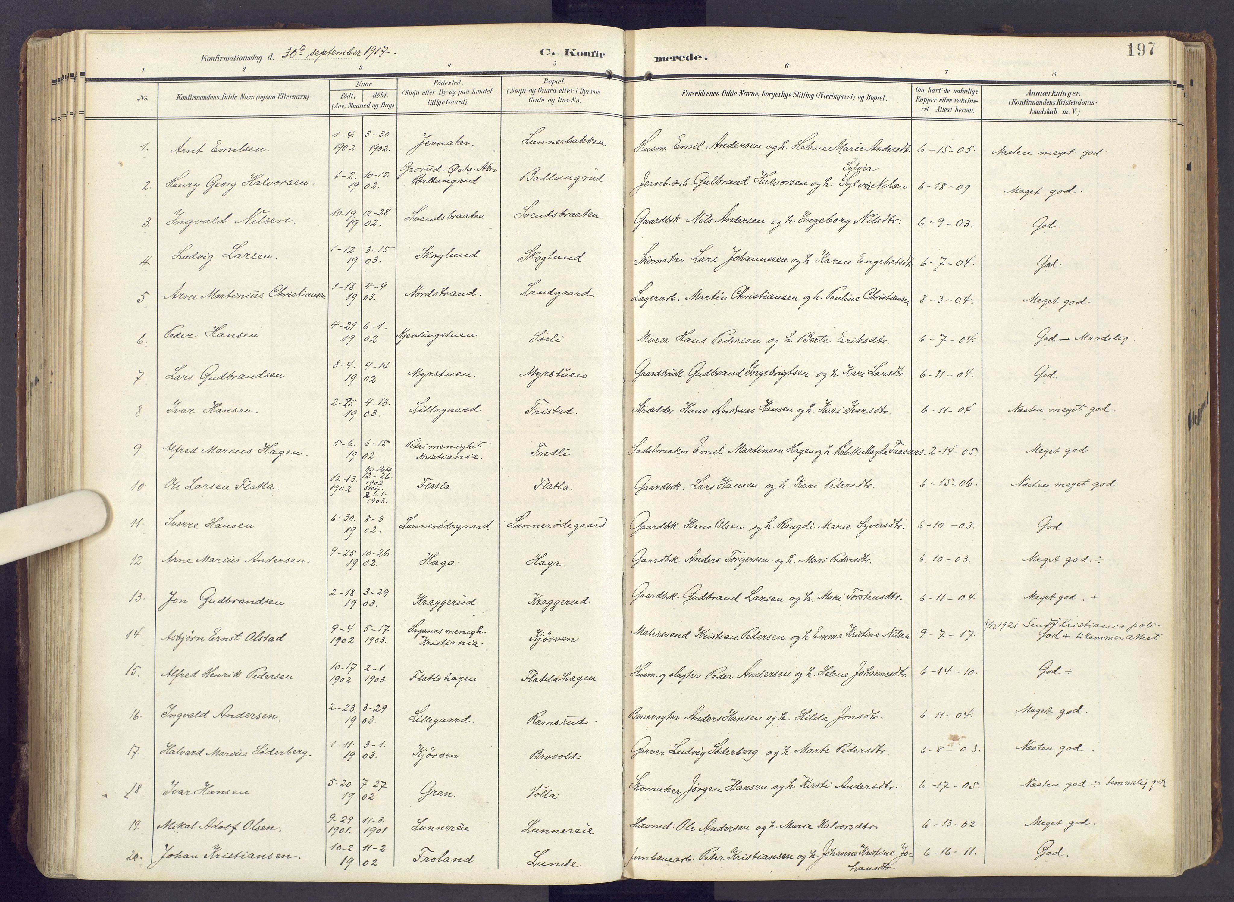 Lunner prestekontor, AV/SAH-PREST-118/H/Ha/Haa/L0001: Parish register (official) no. 1, 1907-1922, p. 197