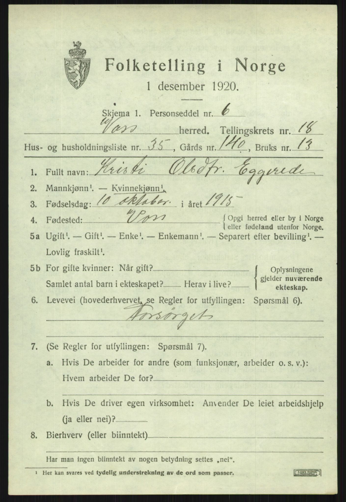 SAB, 1920 census for Voss, 1920, p. 14397