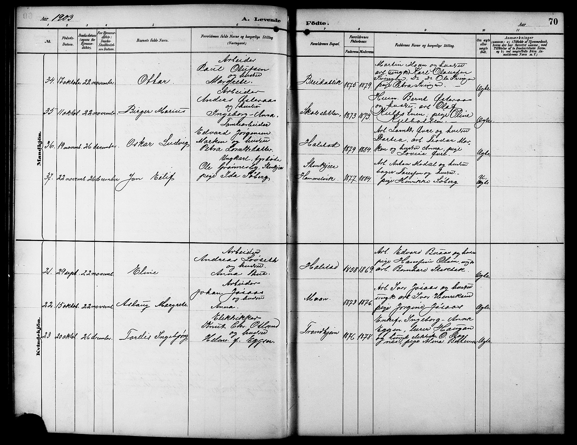 Ministerialprotokoller, klokkerbøker og fødselsregistre - Sør-Trøndelag, SAT/A-1456/617/L0431: Parish register (copy) no. 617C01, 1889-1910, p. 70