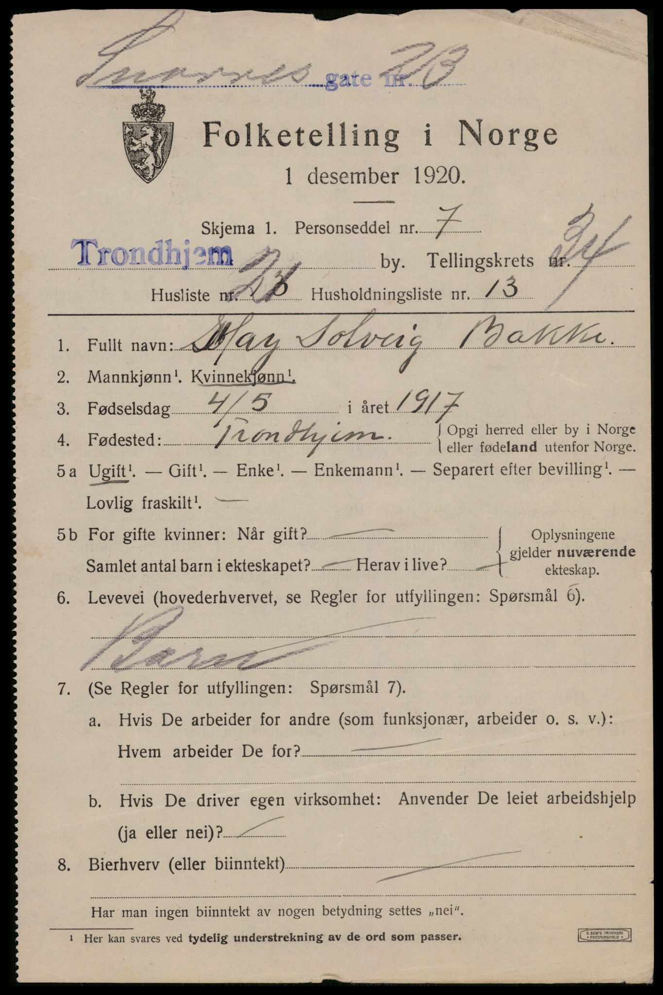 SAT, 1920 census for Trondheim, 1920, p. 81100