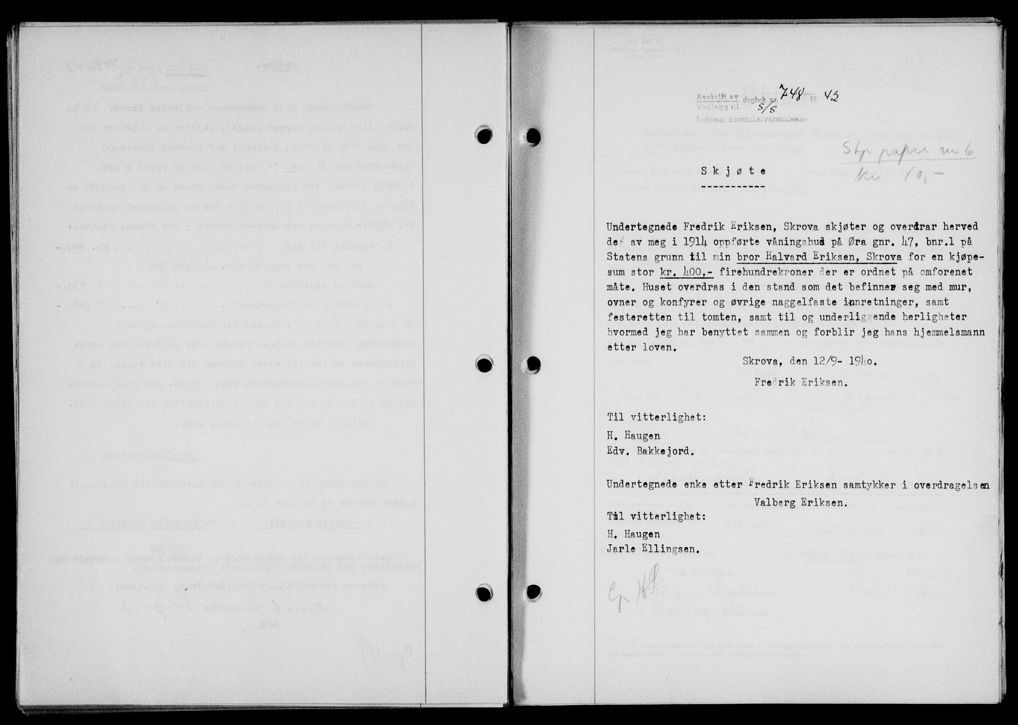 Lofoten sorenskriveri, SAT/A-0017/1/2/2C/L0009a: Mortgage book no. 9a, 1941-1942, Diary no: : 748/1942
