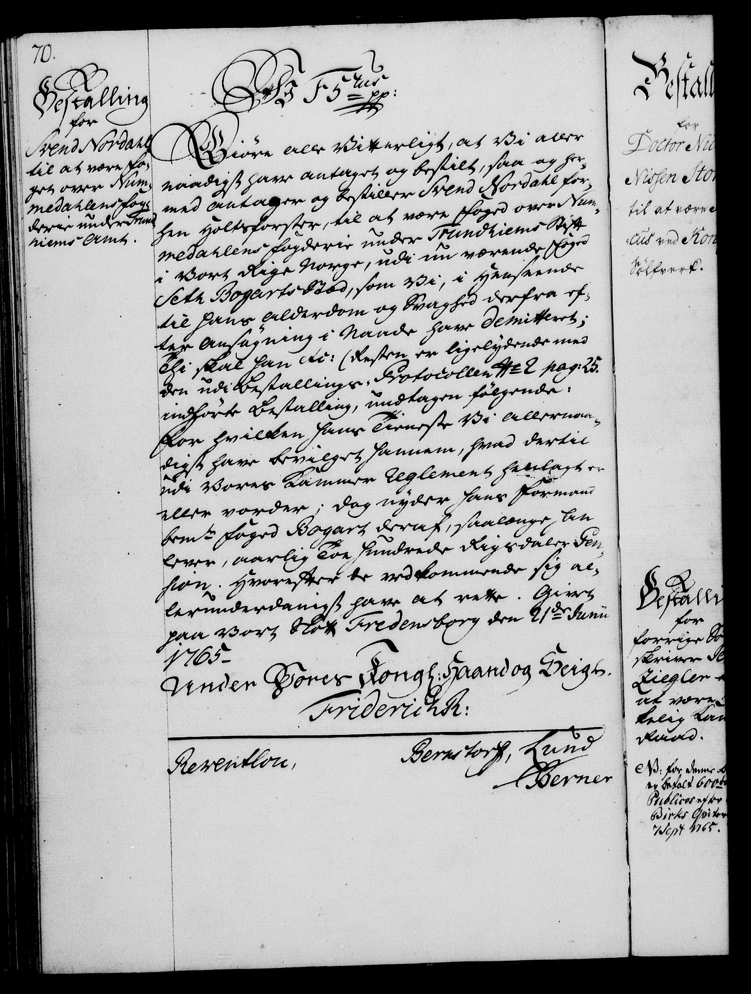 Rentekammeret, Kammerkanselliet, RA/EA-3111/G/Gg/Gge/L0004: Norsk bestallingsprotokoll med register (merket RK 53.28), 1762-1771, p. 70