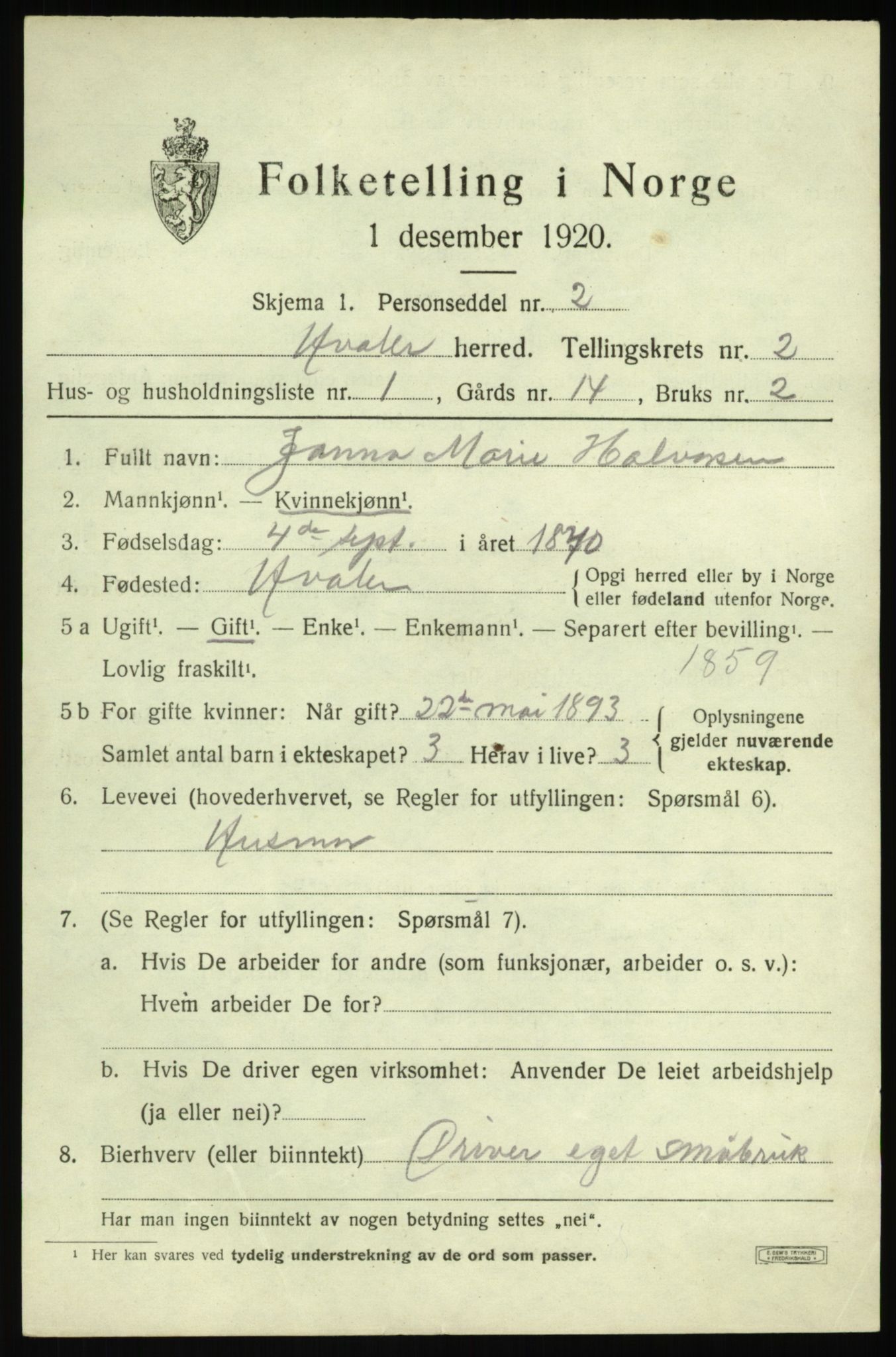 SAO, 1920 census for Hvaler, 1920, p. 3276