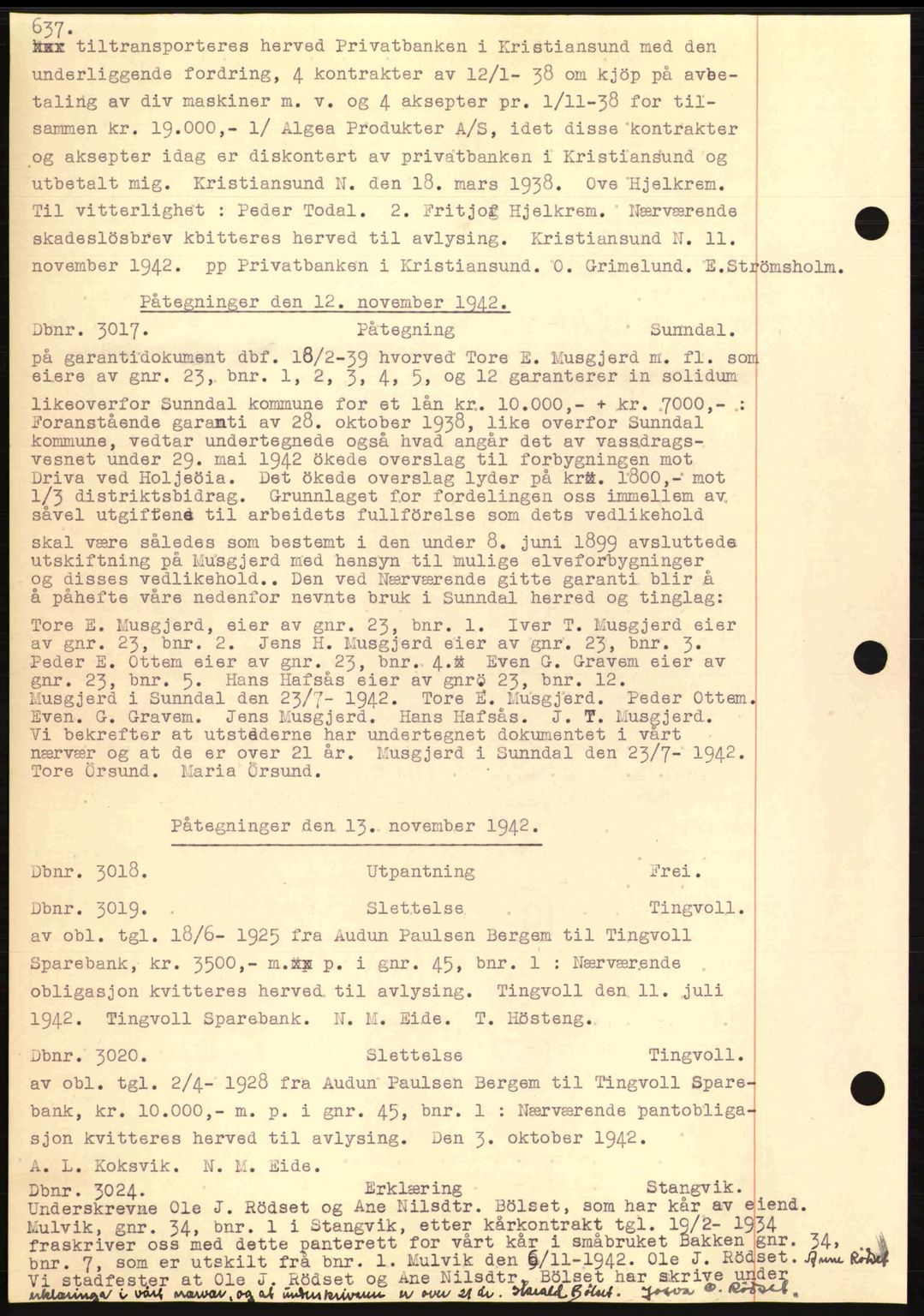 Nordmøre sorenskriveri, AV/SAT-A-4132/1/2/2Ca: Mortgage book no. C81, 1940-1945, Diary no: : 3017/1942