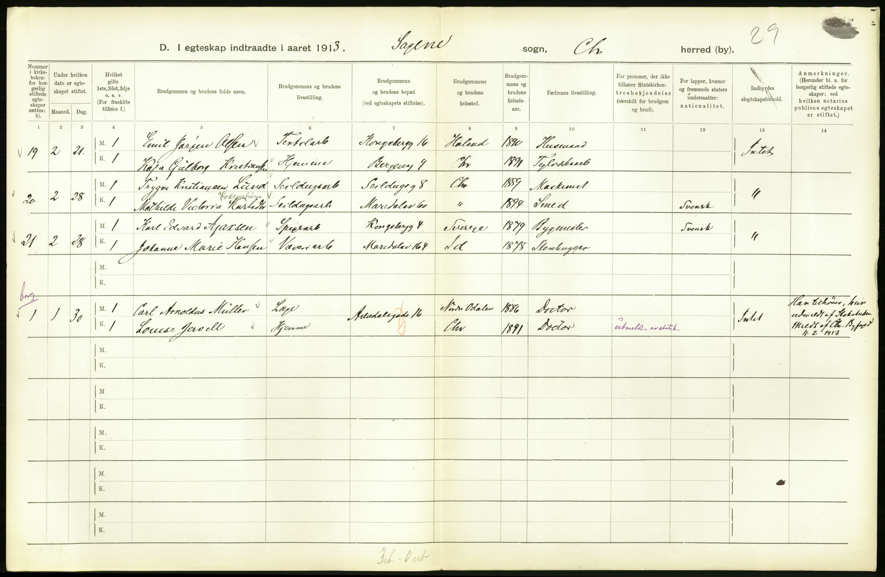 Statistisk sentralbyrå, Sosiodemografiske emner, Befolkning, AV/RA-S-2228/D/Df/Dfb/Dfbc/L0008: Kristiania: Gifte., 1913, p. 446