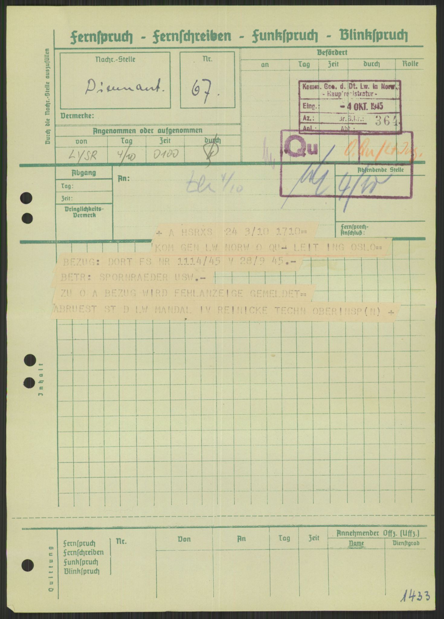 Deutscher Oberbefehlshaber Norwegen (DOBN), AV/RA-RAFA-2197/D/Di/L0066: AOK 20/WBN-DOBN Luftwaffe/Komm G. d.Dt.Lw. in Norwegen, 1945, p. 841