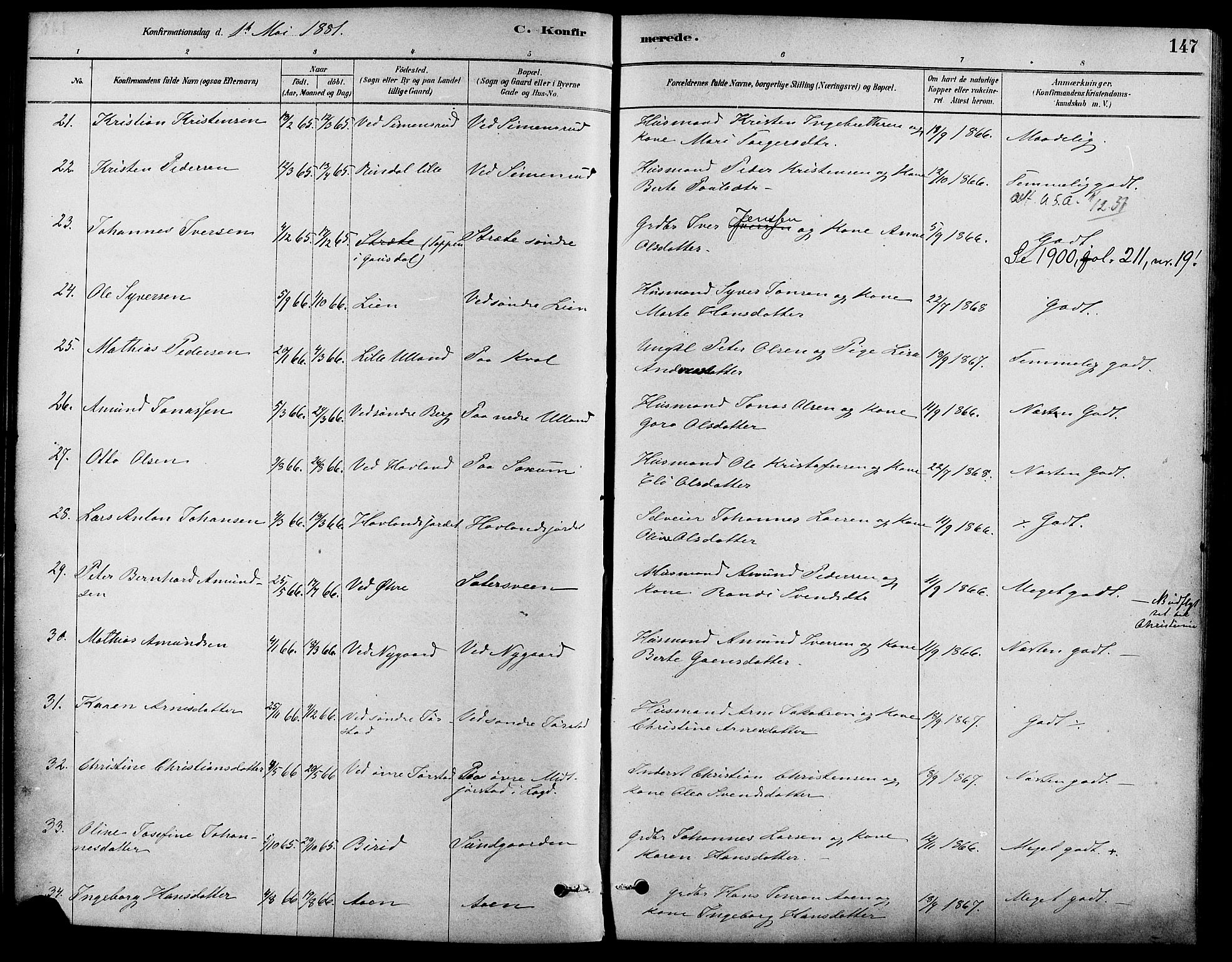 Fåberg prestekontor, AV/SAH-PREST-086/H/Ha/Haa/L0008: Parish register (official) no. 8, 1879-1898, p. 147