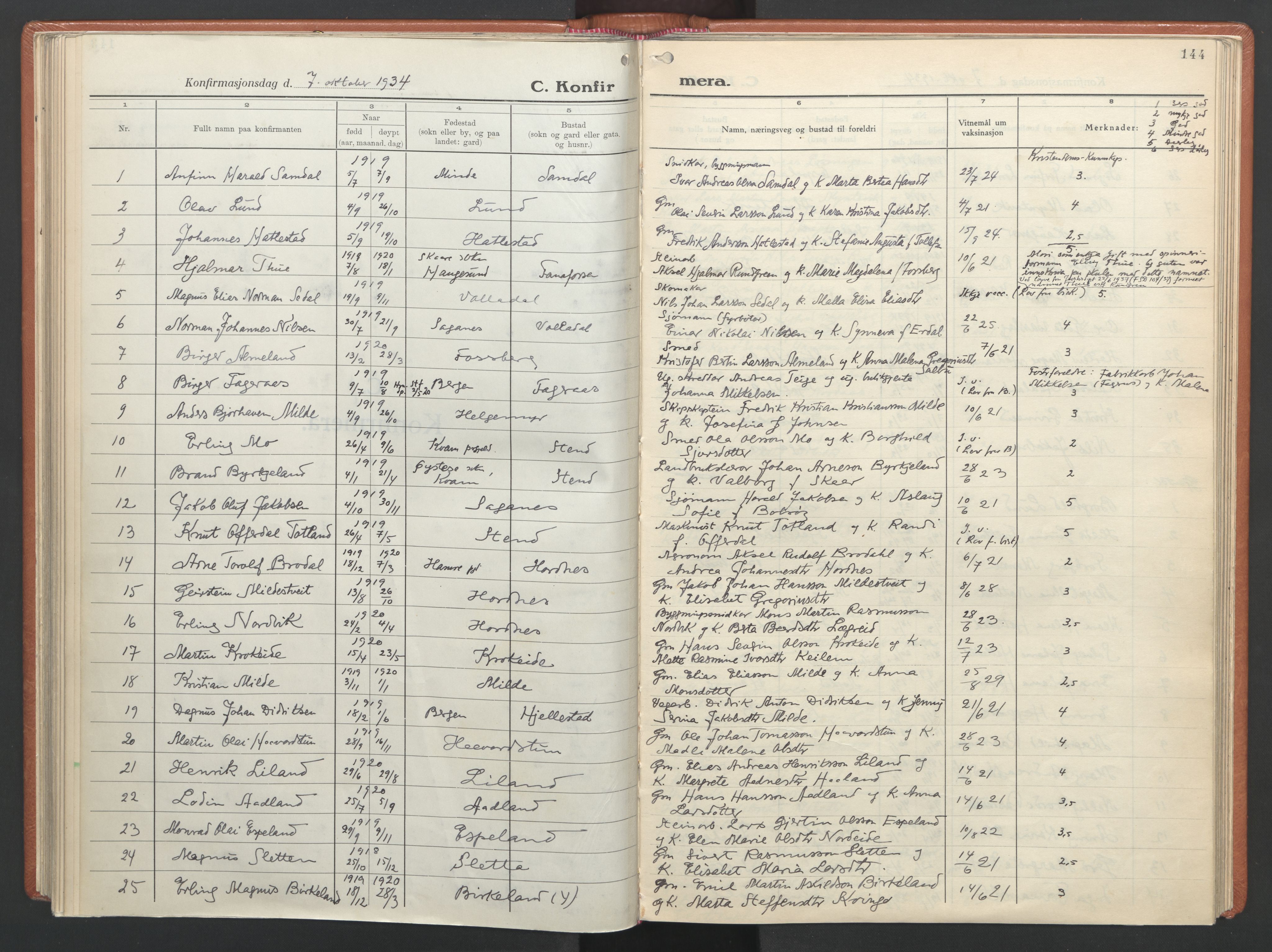 Fana Sokneprestembete, AV/SAB-A-75101/H/Haa/Haab/L0007: Parish register (official) no. B 7, 1934-1947, p. 144