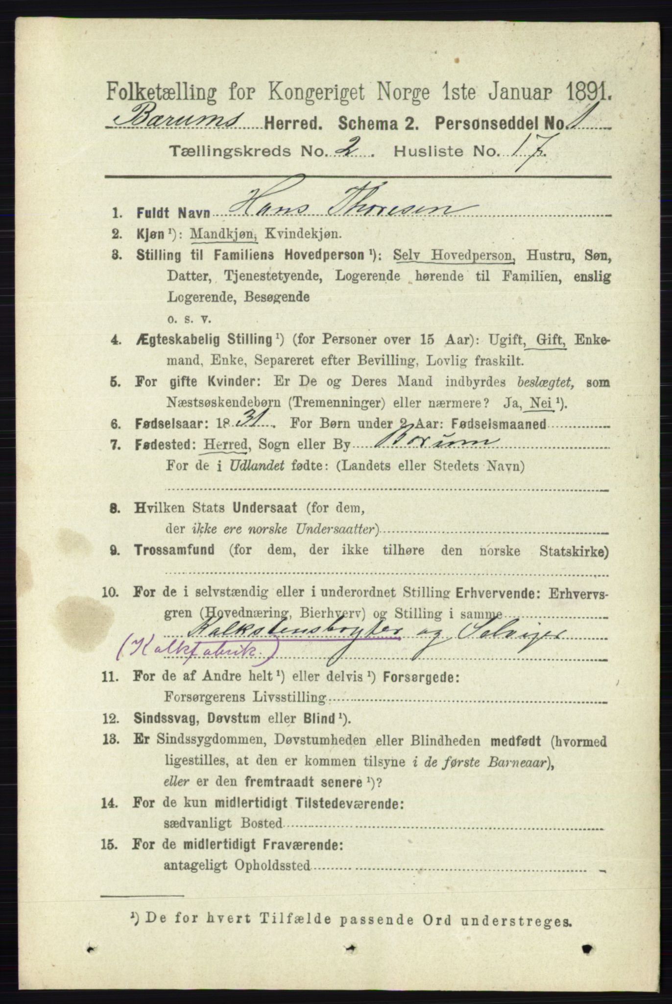 RA, 1891 census for 0219 Bærum, 1891, p. 1215