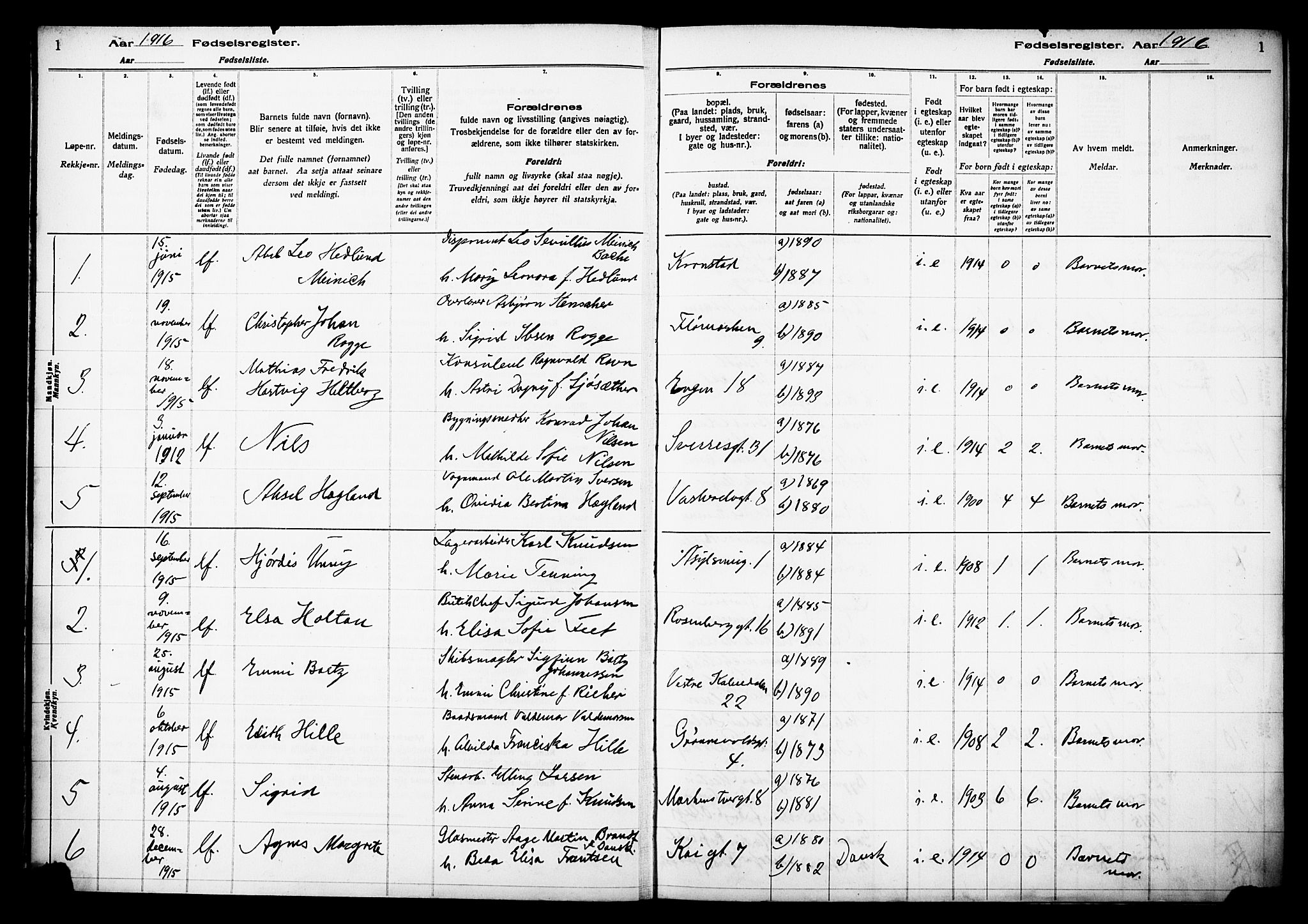 Domkirken sokneprestembete, AV/SAB-A-74801/I/Id/L00A1: Birth register no. A 1, 1916-1923, p. 1