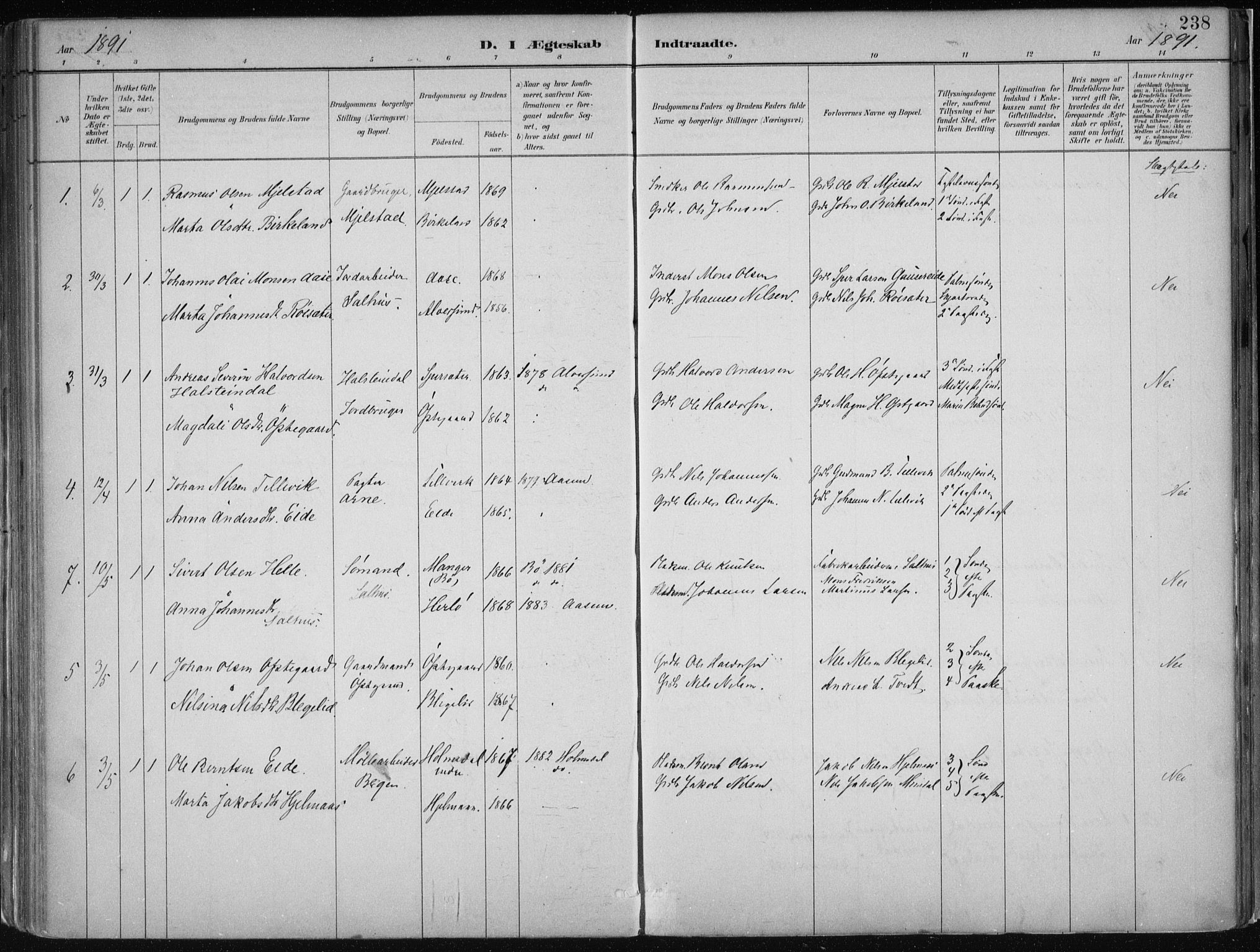 Hamre sokneprestembete, SAB/A-75501/H/Ha/Haa/Haab/L0001: Parish register (official) no. B  1, 1882-1905, p. 238