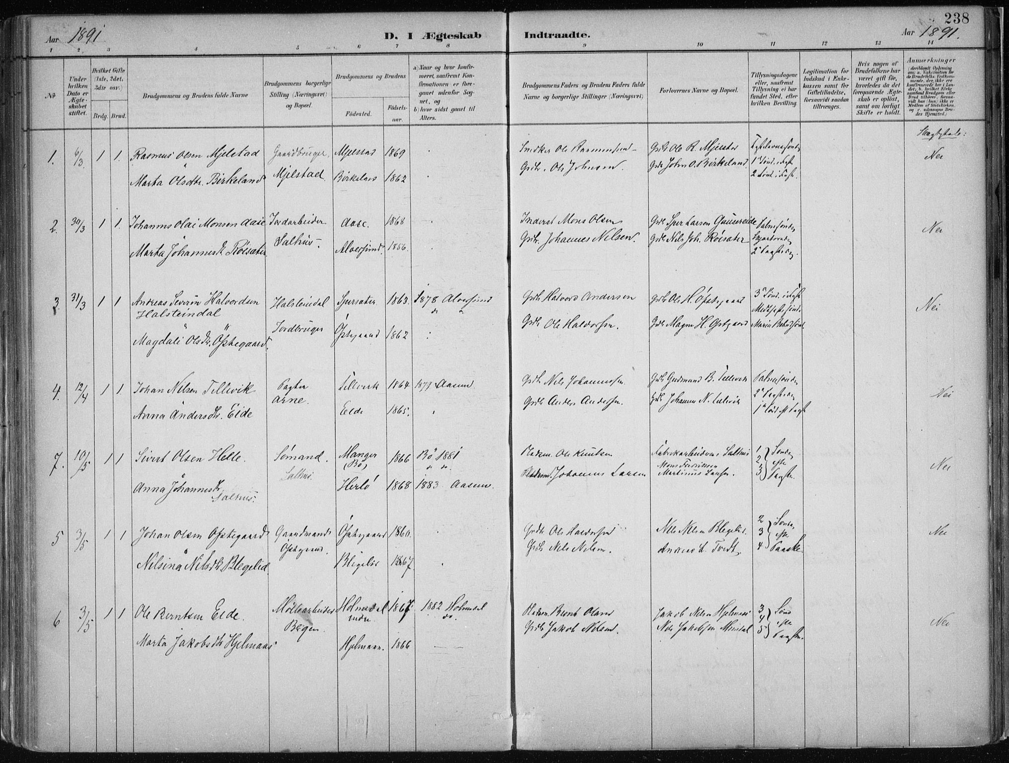 Hamre sokneprestembete, AV/SAB-A-75501/H/Ha/Haa/Haab/L0001: Parish register (official) no. B  1, 1882-1905, p. 238