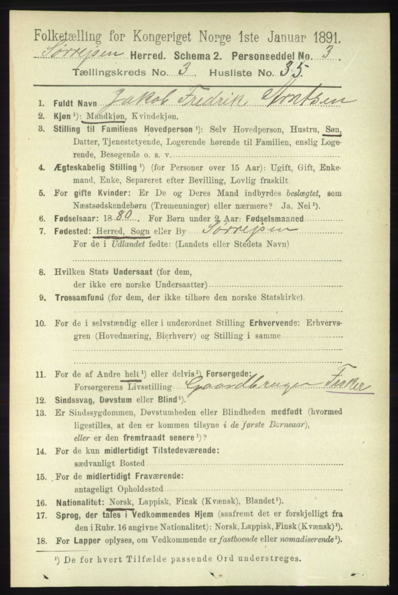 RA, 1891 census for 1925 Sørreisa, 1891, p. 972