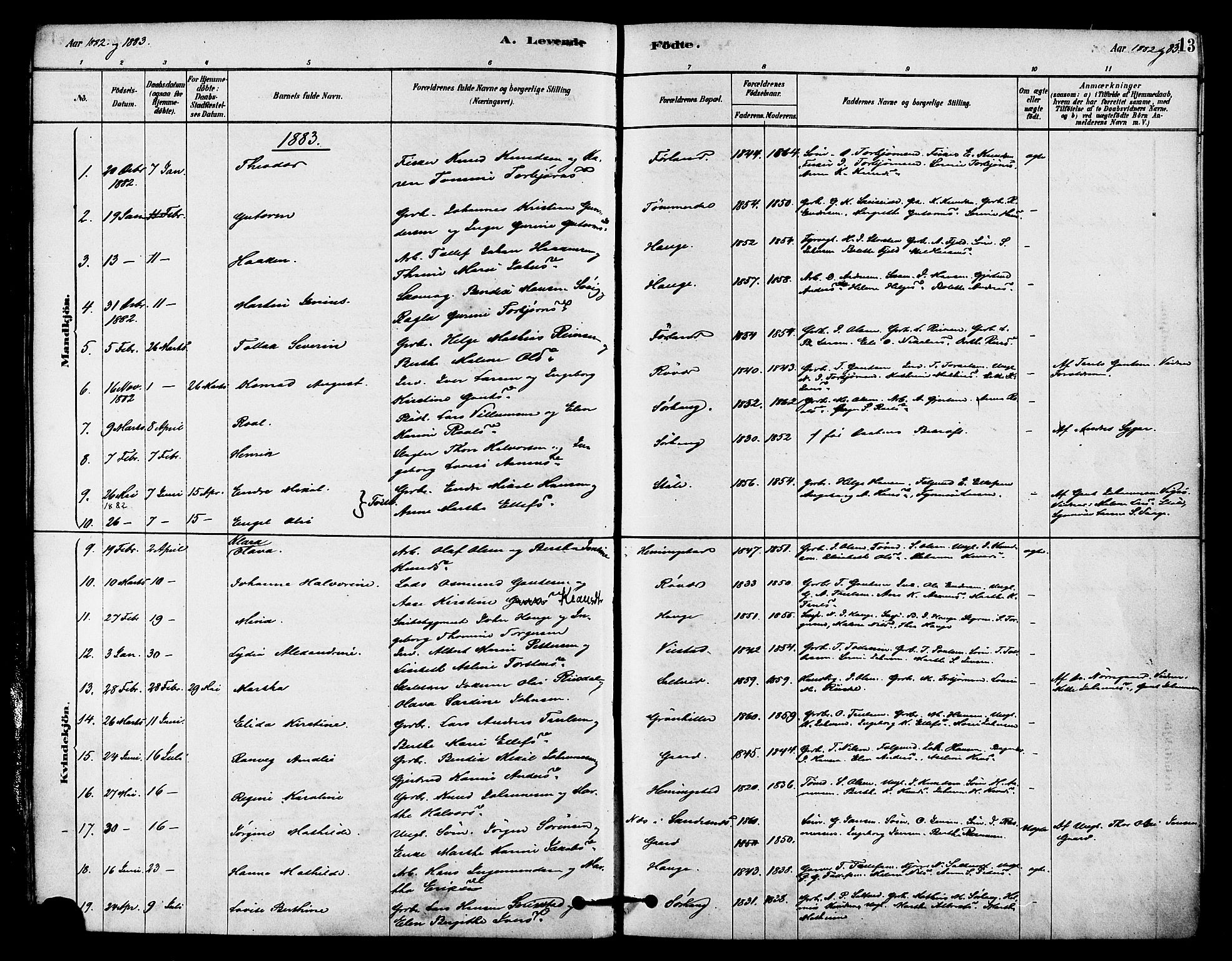 Haugesund sokneprestkontor, AV/SAST-A -101863/H/Ha/Haa/L0002: Parish register (official) no. A 2, 1878-1886, p. 13