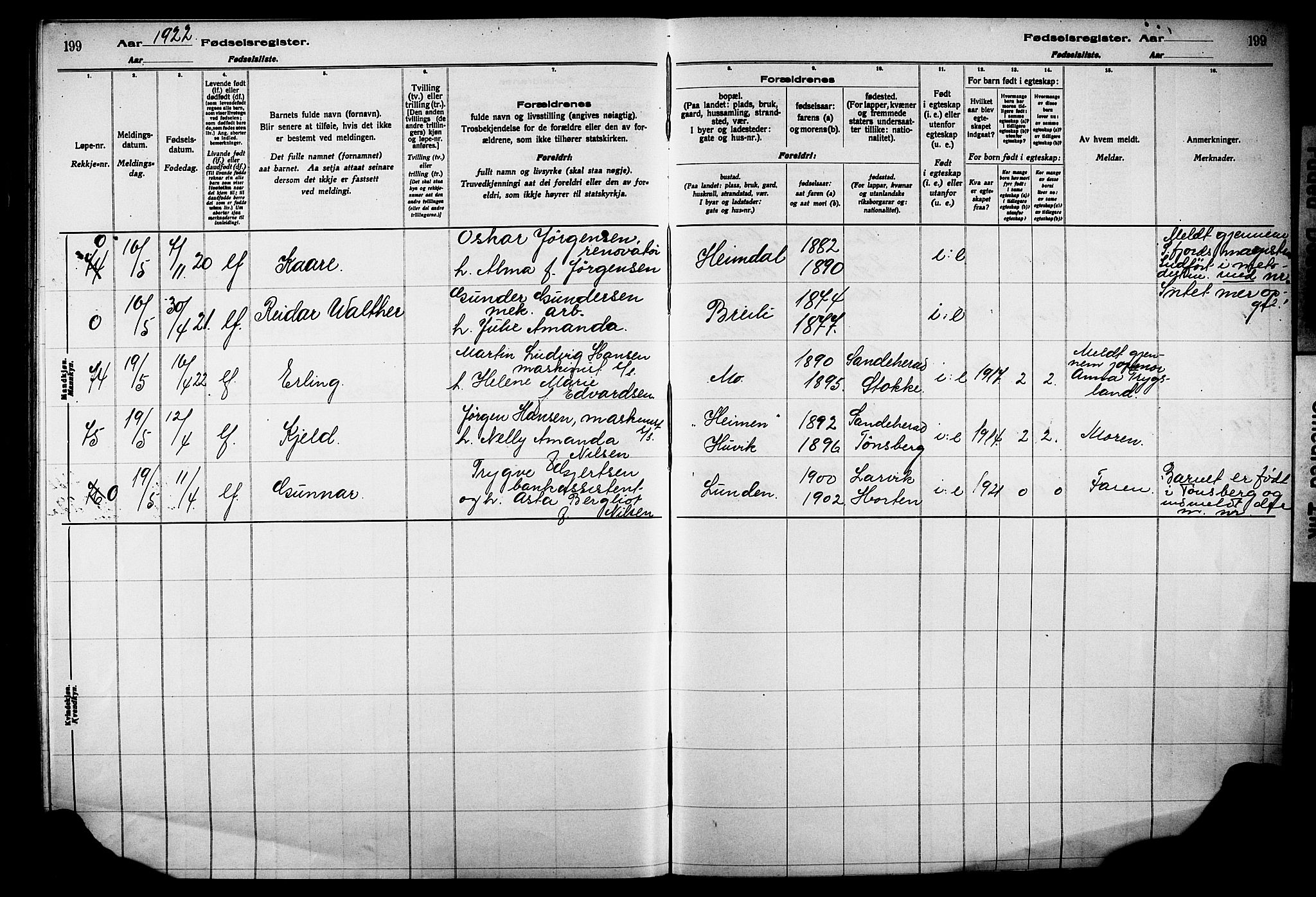 Sandar kirkebøker, AV/SAKO-A-243/J/Ja/L0001: Birth register no. 1, 1916-1922, p. 199