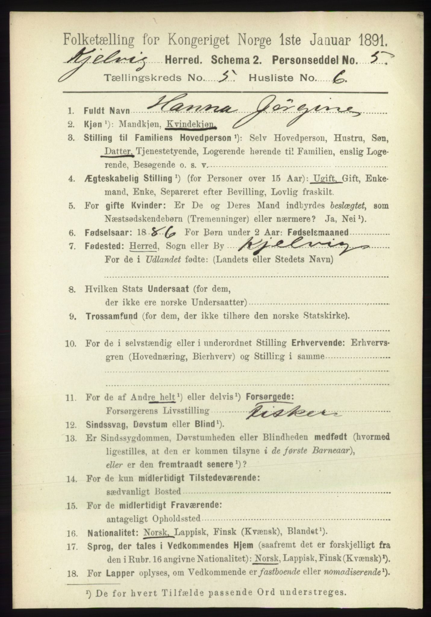 RA, 1891 census for 2019 Kjelvik, 1891, p. 578