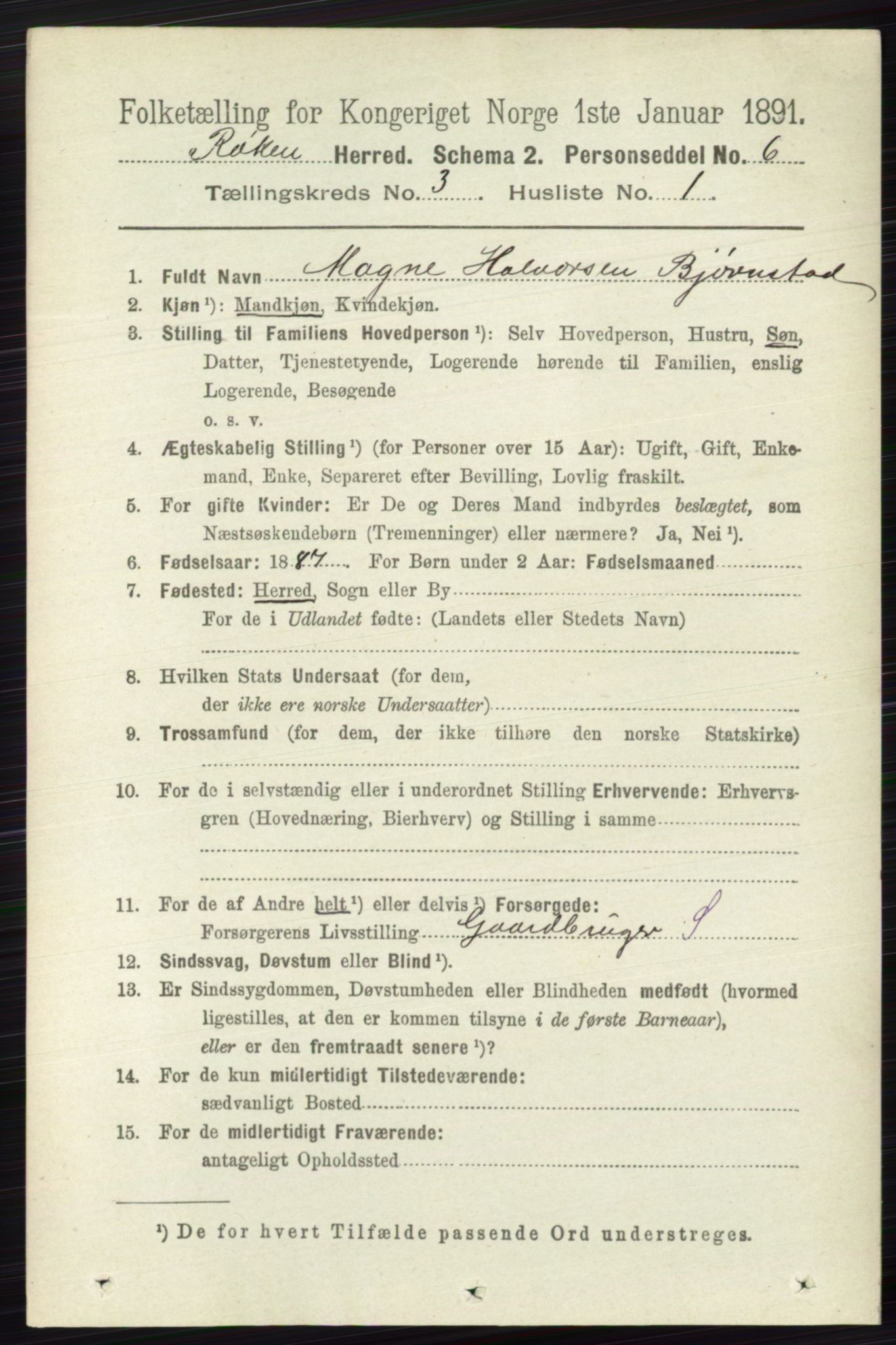 RA, 1891 census for 0627 Røyken, 1891, p. 1201