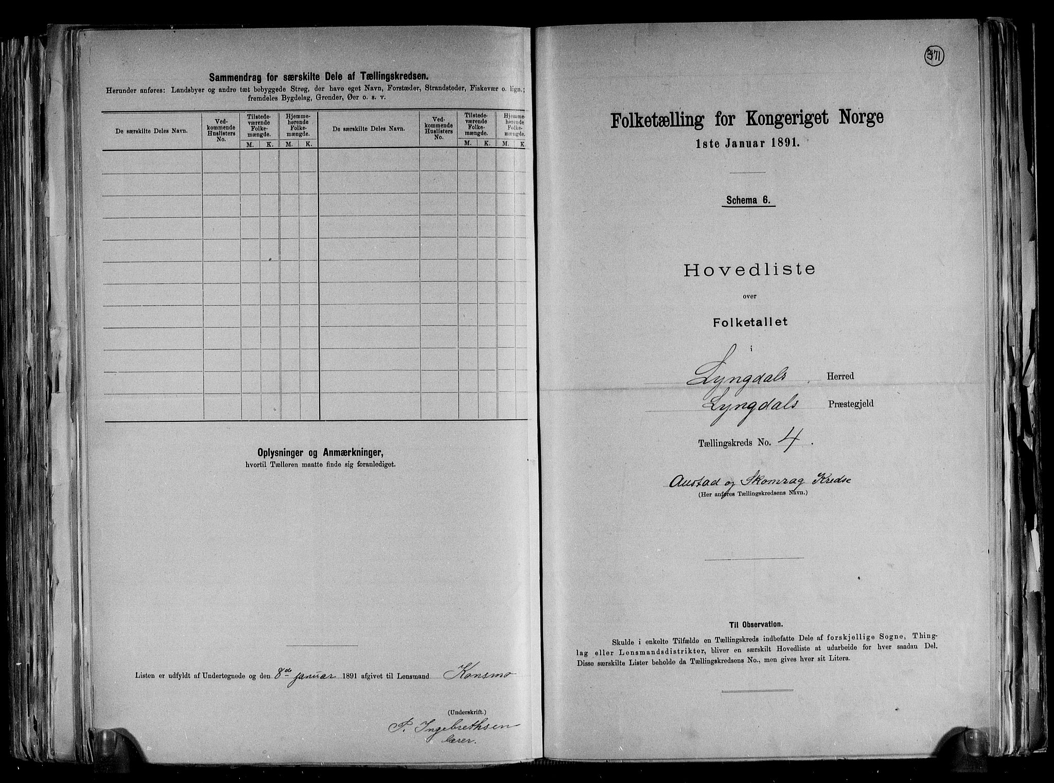 RA, 1891 census for 1032 Lyngdal, 1891, p. 13