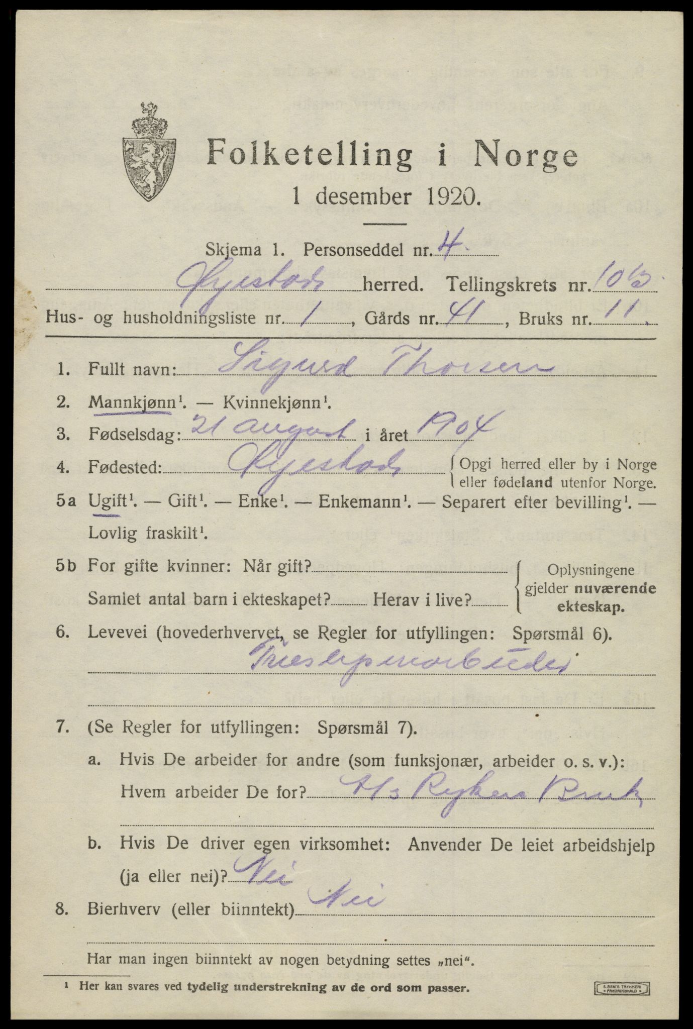 SAK, 1920 census for Øyestad, 1920, p. 6400