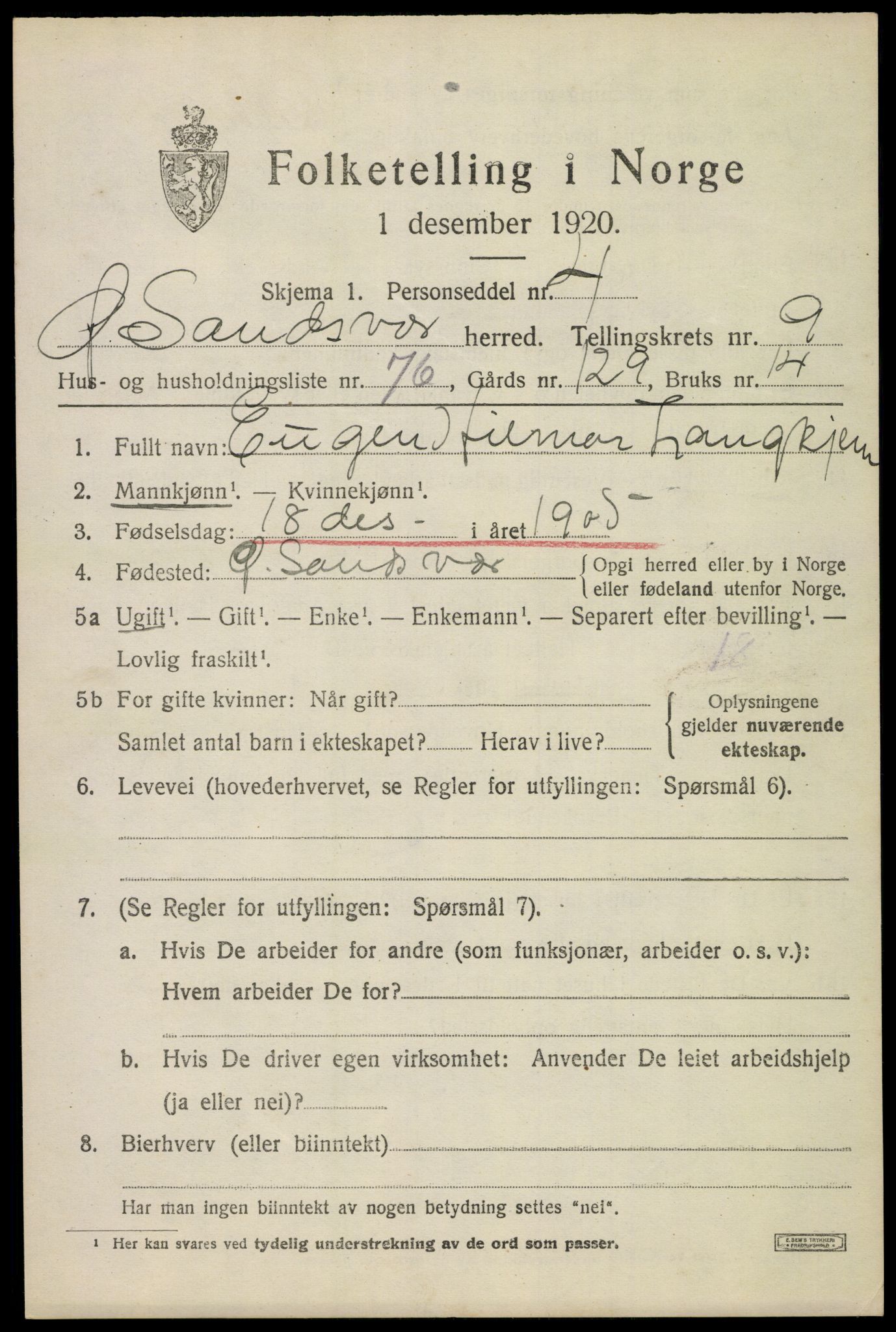 SAKO, 1920 census for Øvre Sandsvær, 1920, p. 5578