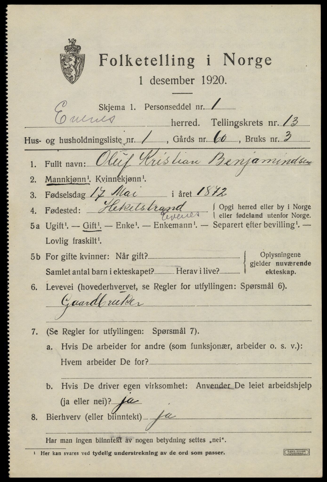 SAT, 1920 census for Evenes, 1920, p. 11894